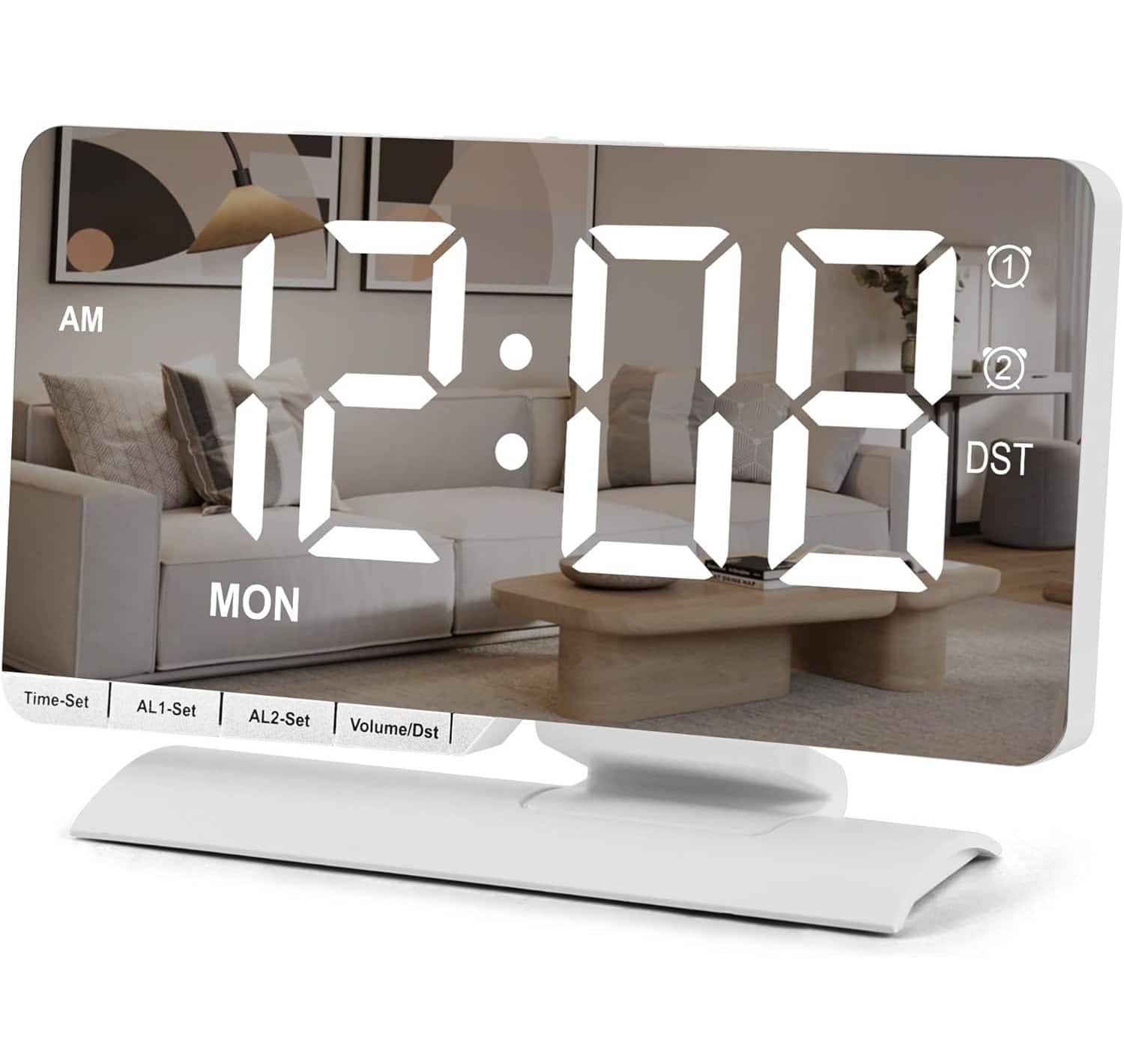 FINEAK - Large LED Mirror Digital Alarm Clock with Dual USB Charging - White