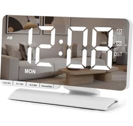 FINEAK - Large LED Mirror Digital Alarm Clock with Dual USB Charging - White