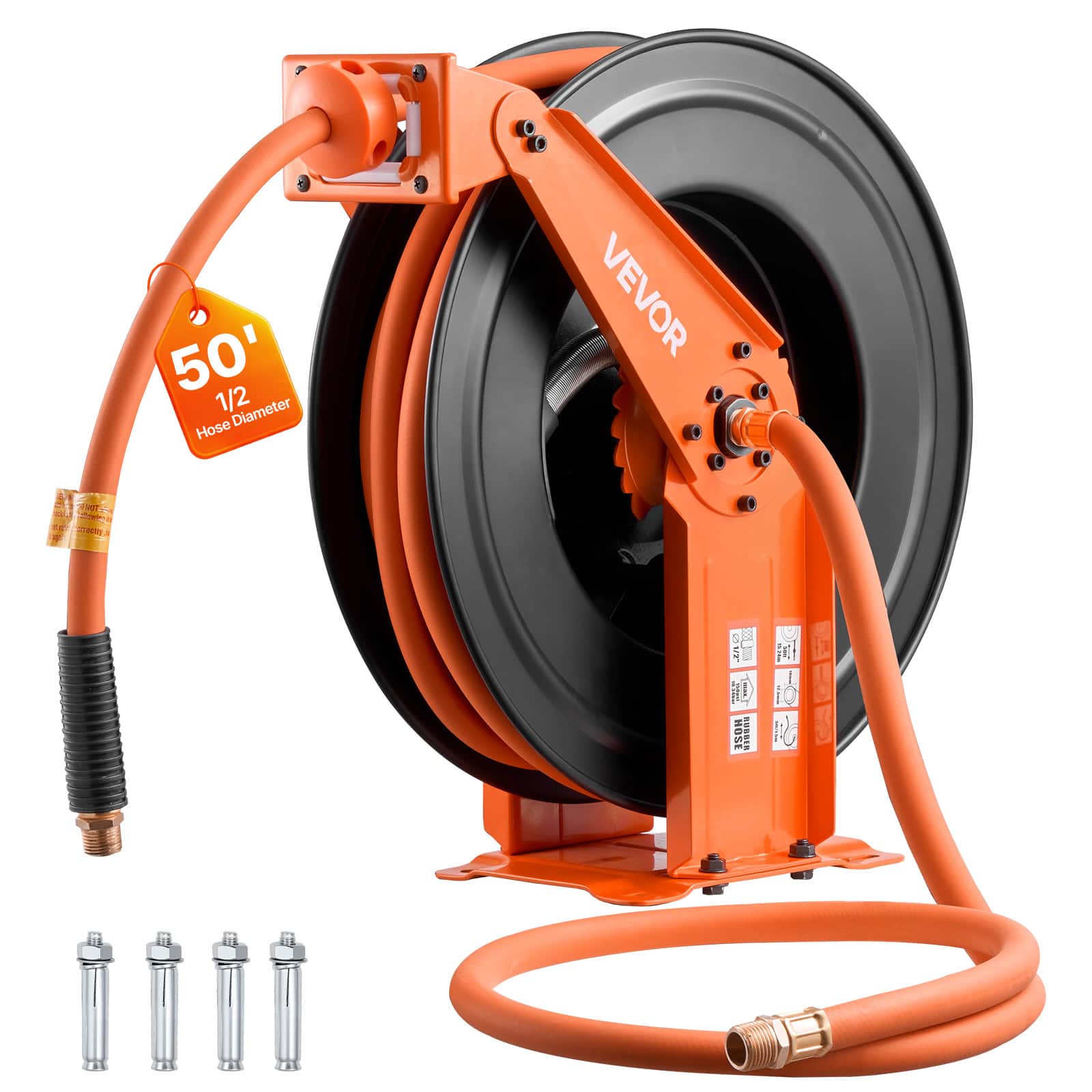 VEVOR - Retractable Air Hose Reel, 1/2 Inch x 50 FT Rubber Air Hose Max 300PSI, Auto Rewind Air-Compressor Hoses Reel - Orange + Black