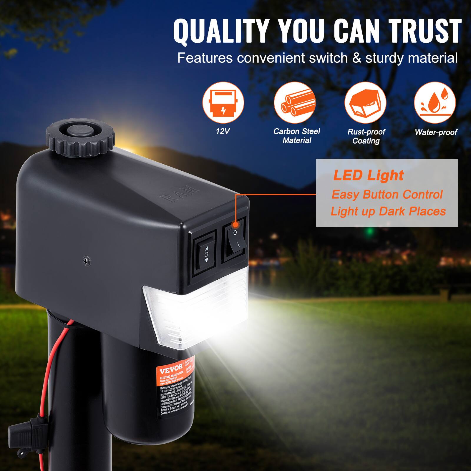 QUALITY YOU CAN TRUST  
Features convenient switch & sturdy material

12V  
Carbon Steel Material  
Rust-proof Coating  
Water-proof  

LED Light  
Easy Button Control  
Light up Dark Places  

VEVOR FLOURS JOY SUCTIONS  
Operty 2019 Ader - NO.  
Sugarsby's Stastungs 6284 PROTEILE - 45 22 STREEASTICK - 200  
Asperate exper 15 Calories Supper ST3FF - baked Carbohy