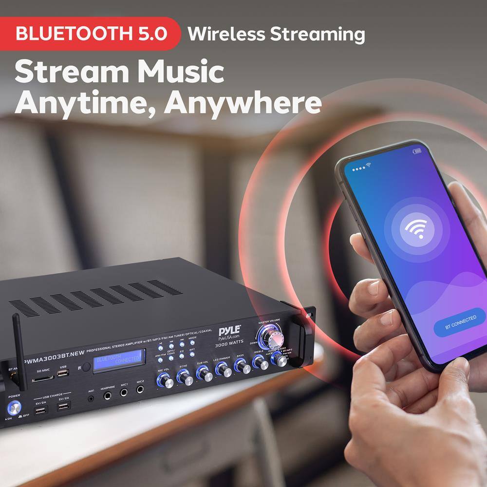 BLUETOOTH 5.0  
Wireless Streaming  
Stream Music Anytime, Anywhere  

PYLE  
3000 WATTS  
BT CONNECTED  

BY CONNECTED