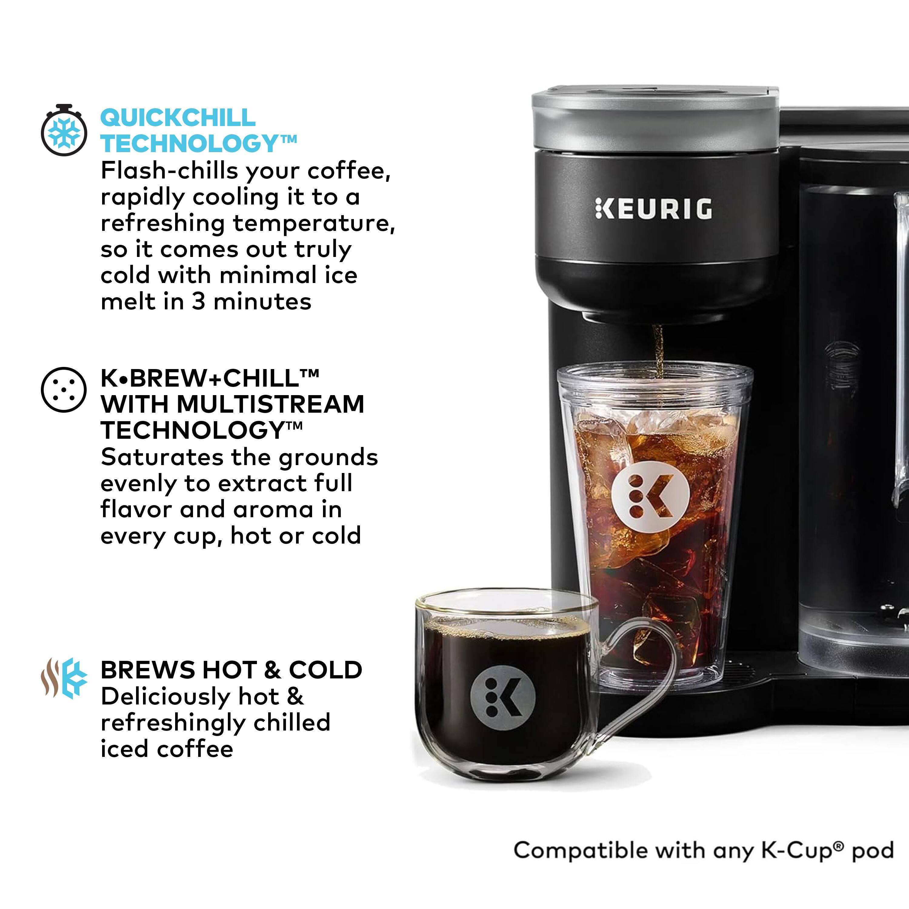 The image features a Keurig coffee maker with a cup of coffee and a glass of iced coffee. The text on the image describes the features of the Keurig machine, including the QuickChill Technology that rapidly cools the coffee to a refreshing temperature, and the KBrew-Chill Technology that saturates the coffee grounds evenly to extract full flavor and aroma in every cup, hot or cold. The Keurig machine is also compatible with any K-Cup pod, allowing users to enjoy both hot and cold coffee options.