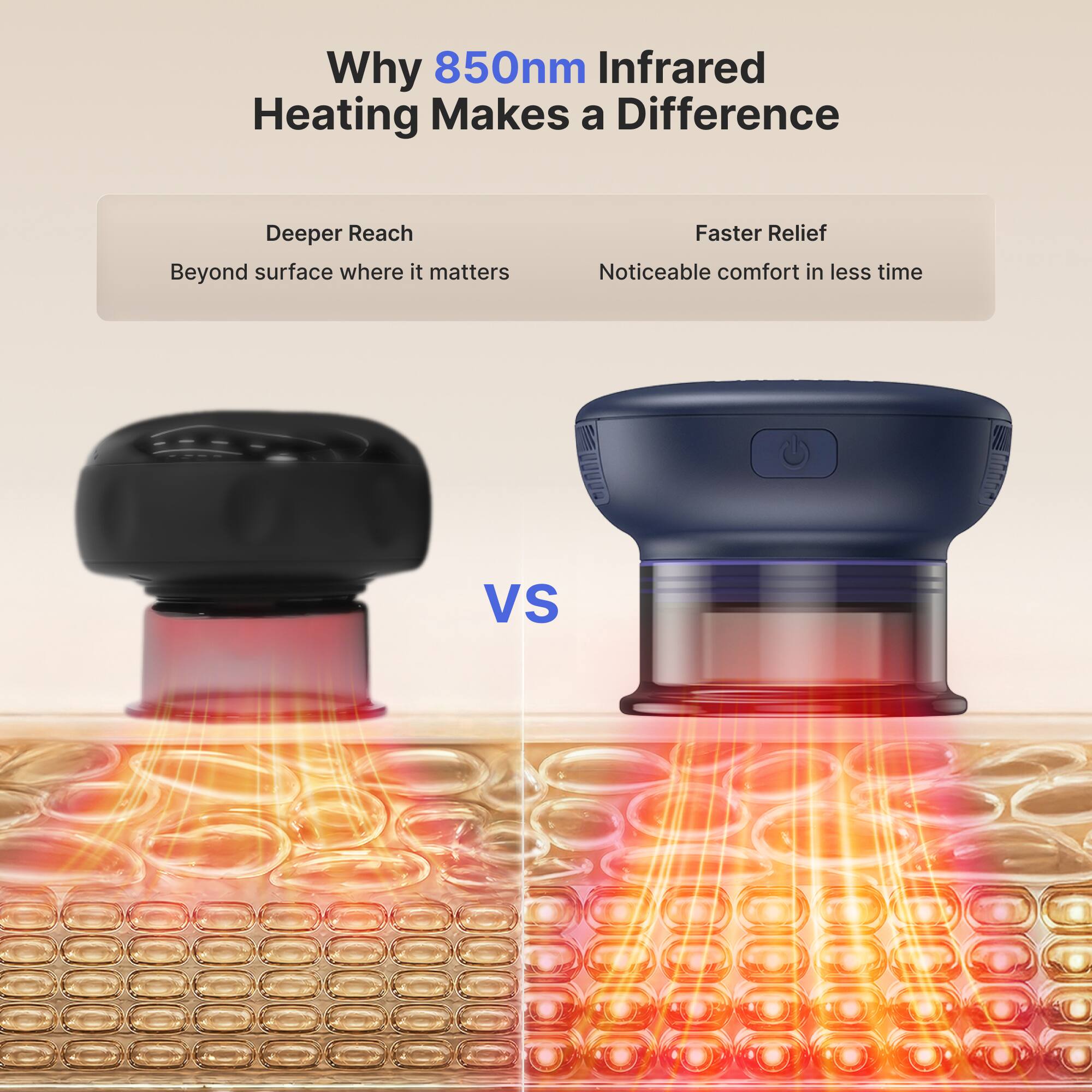 Why 850nm Infrared Heating Makes a Difference

Deeper Reach
Beyond surface where it matters

Faster Relief
Noticeable comfort in less time
