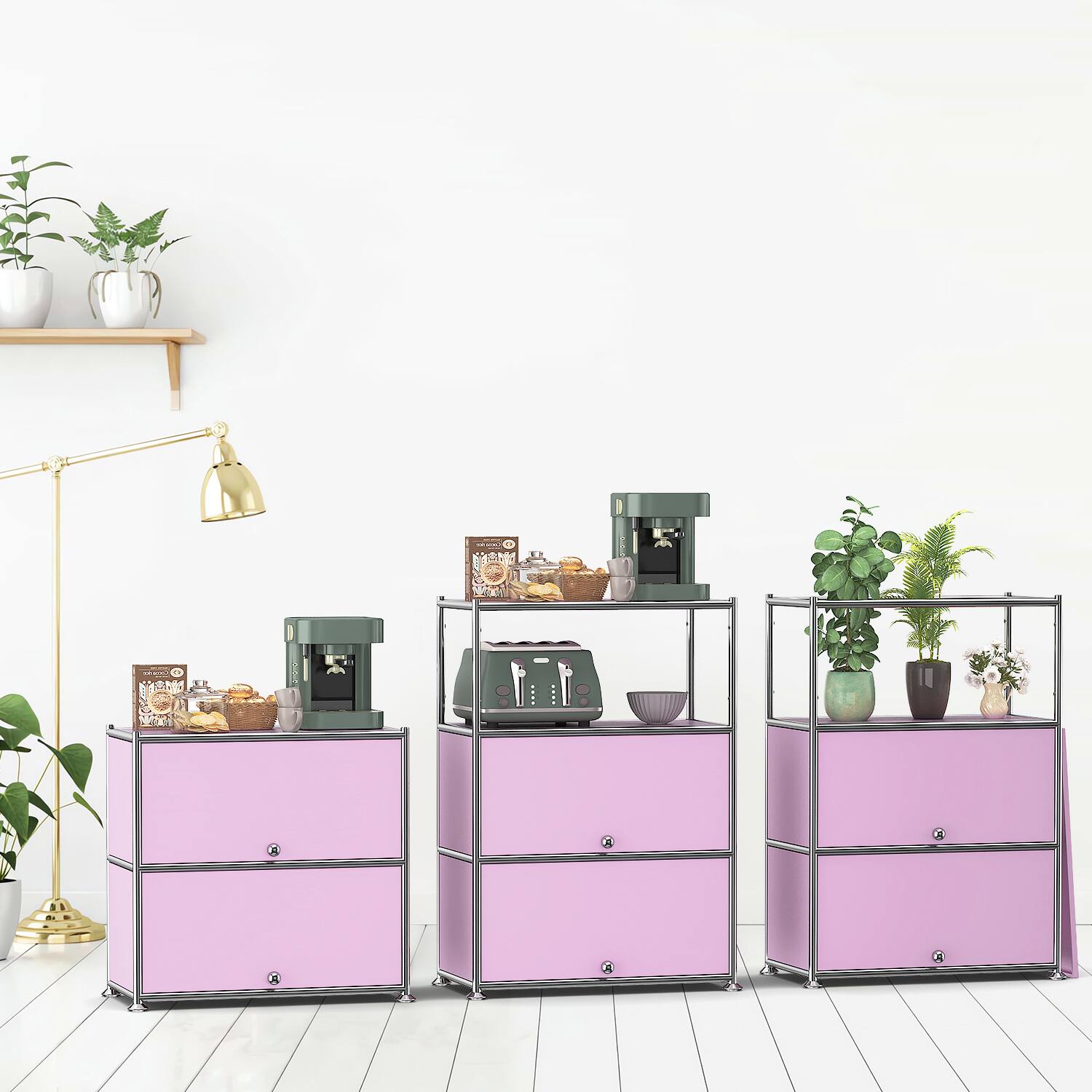 Alt View 3. Malletson - 3-Tier Storage Cabinet Metal Shelving Unit Multi Functional Kitchen Organizer - Pink.