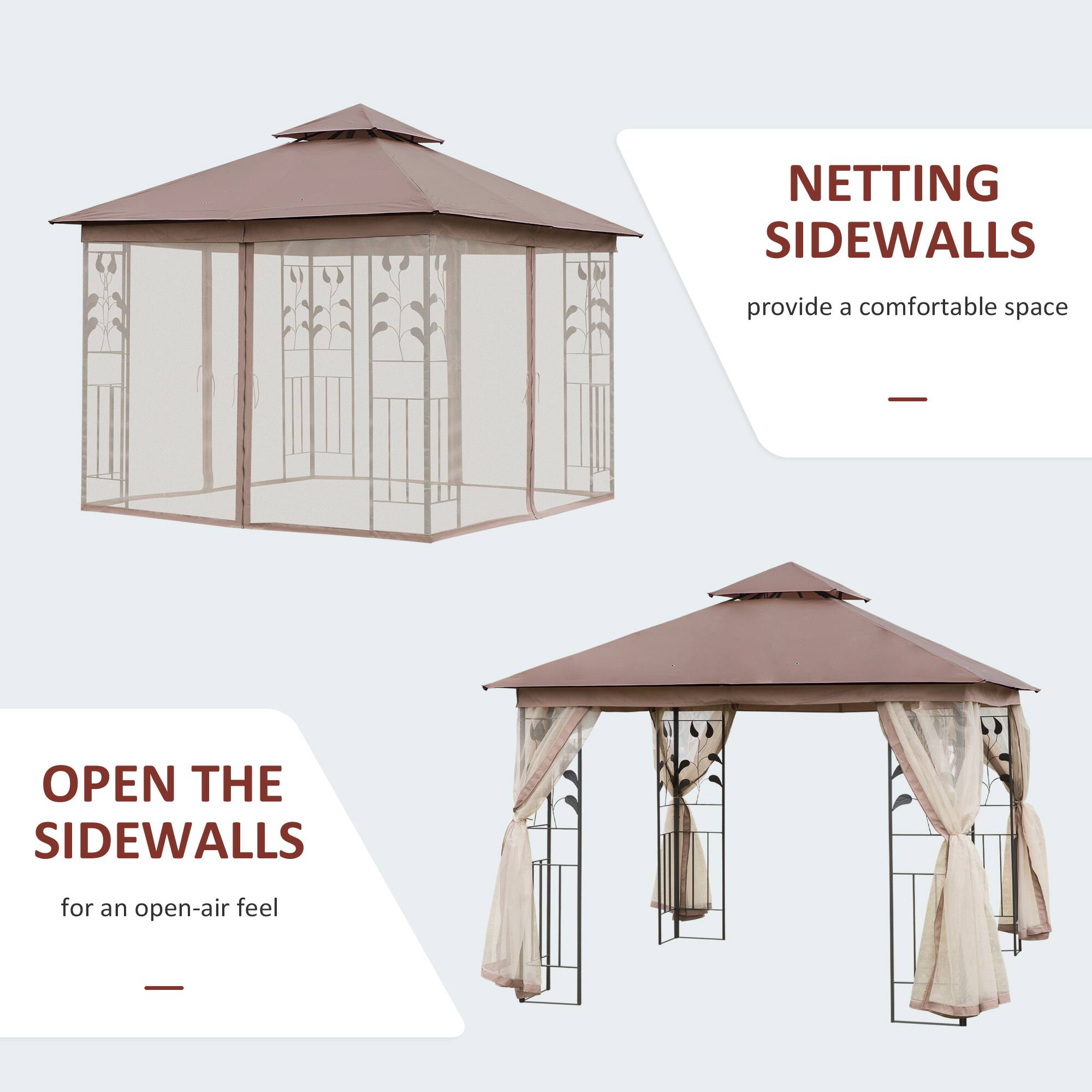 NETTING SIDEWALLS provide a comfortable space - OPEN THE SIDEWALLS for an open-air feel -