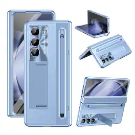 Dteck - Case For Samsung Galaxy Z Fold 5, Luxury Plate Rugged Kickstand Hinge Protection Cover with Front Screen Film+Stylus - Blue