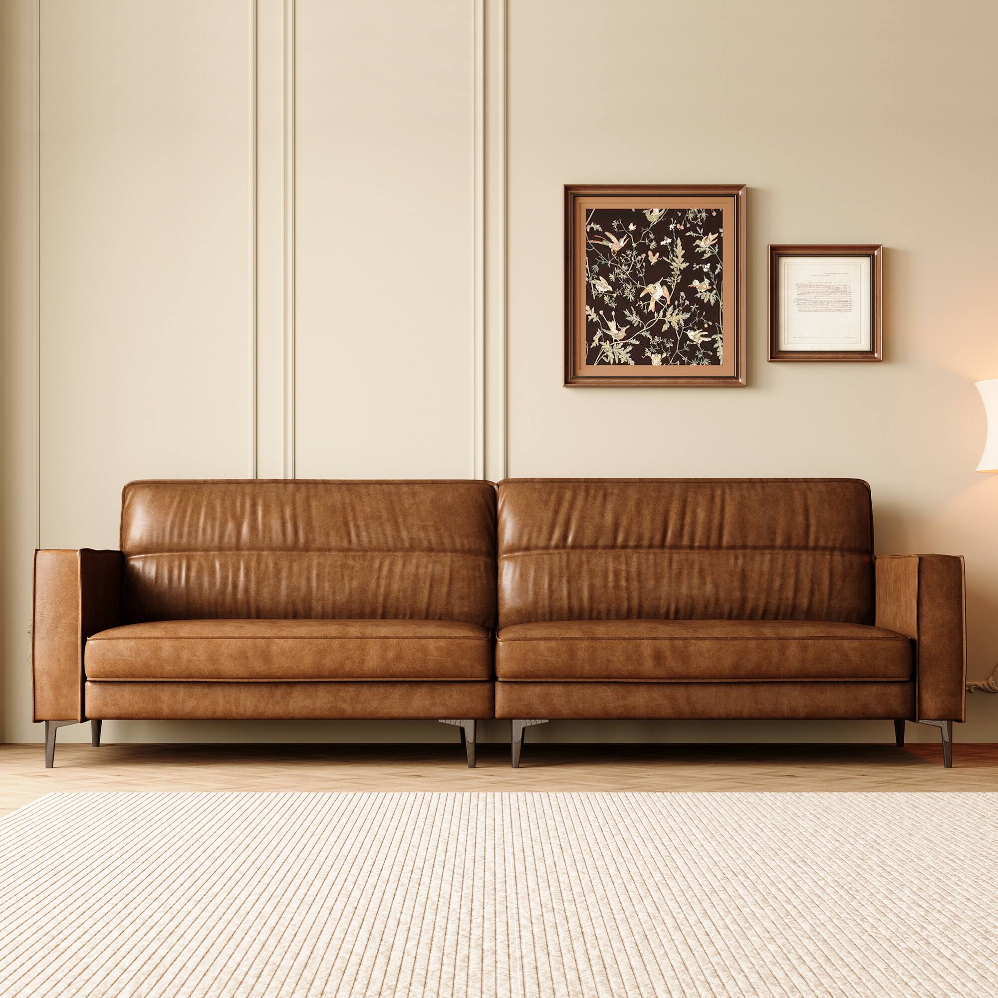 Left. luck idea - Luxury Vintage Oil-Waxed Leather Sofa 86.61" Sturdy Frame & Couch Comfortable Seating-High-End Living Room Couch - Brown.