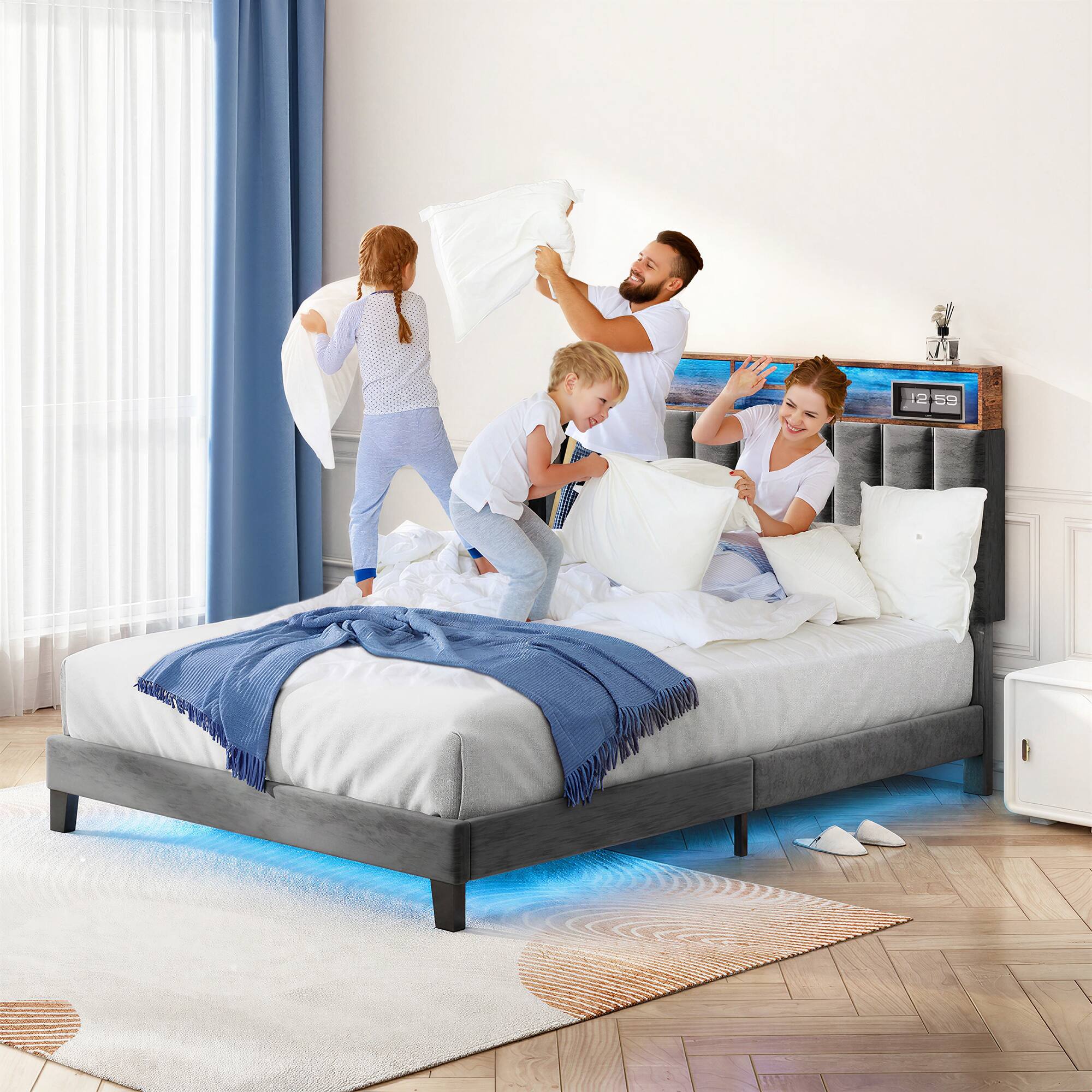 Alt View 1. Sersper - Sersper Multifunctional LED Storage Queen Bed Frame with Charging Ports,Gray - Gray.