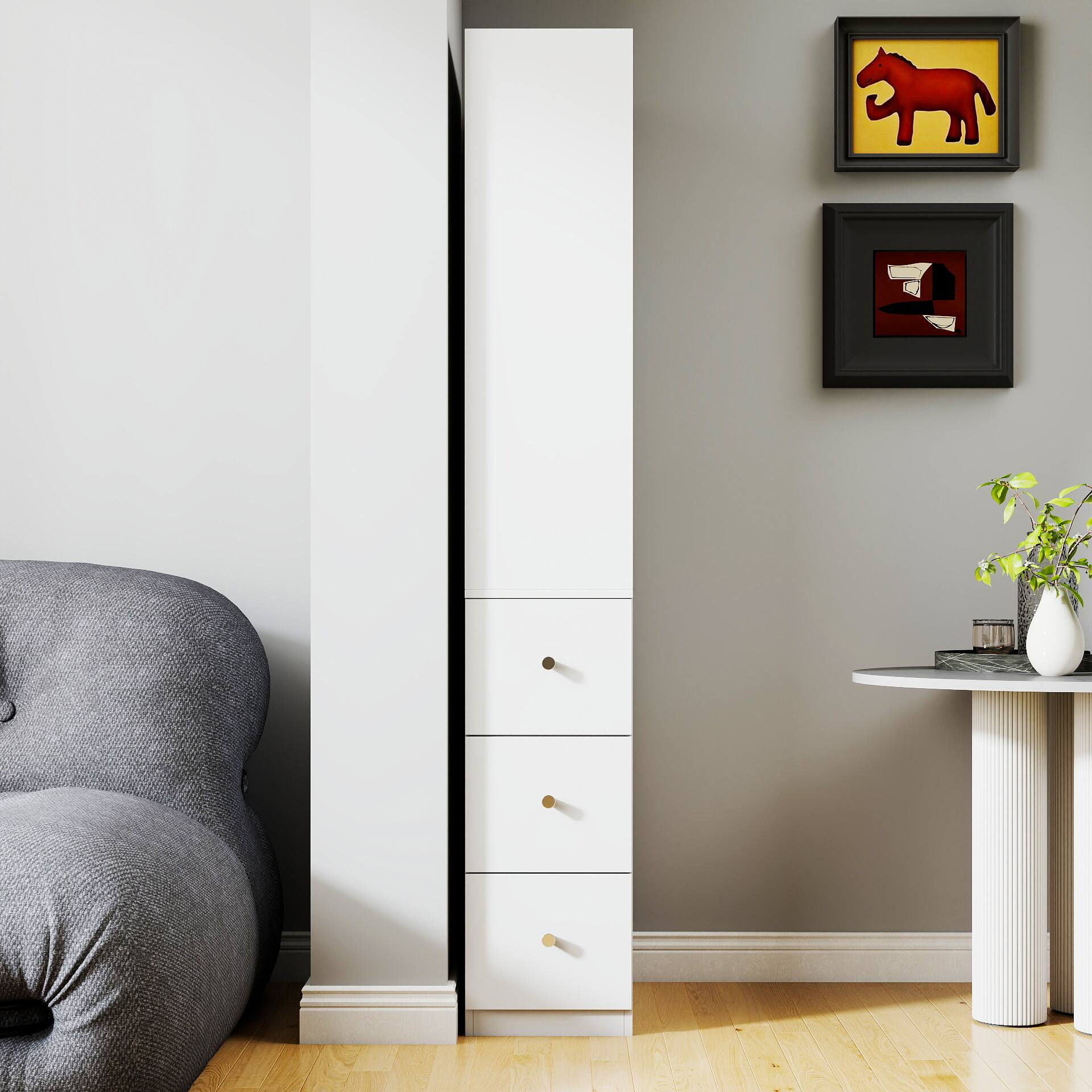 Angle. APRILSOUL - 71H Display Cabinet 4 Tier 3 Drawers Wooden Living Room Home Office - White.