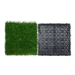 VEVOR - Artifical Grass Tiles Interlocking Turf Deck Set, 18 Pack - 12"x12", Synthetic Fake Grass Self-draining Mat Flooring - Grass green and brown; black base