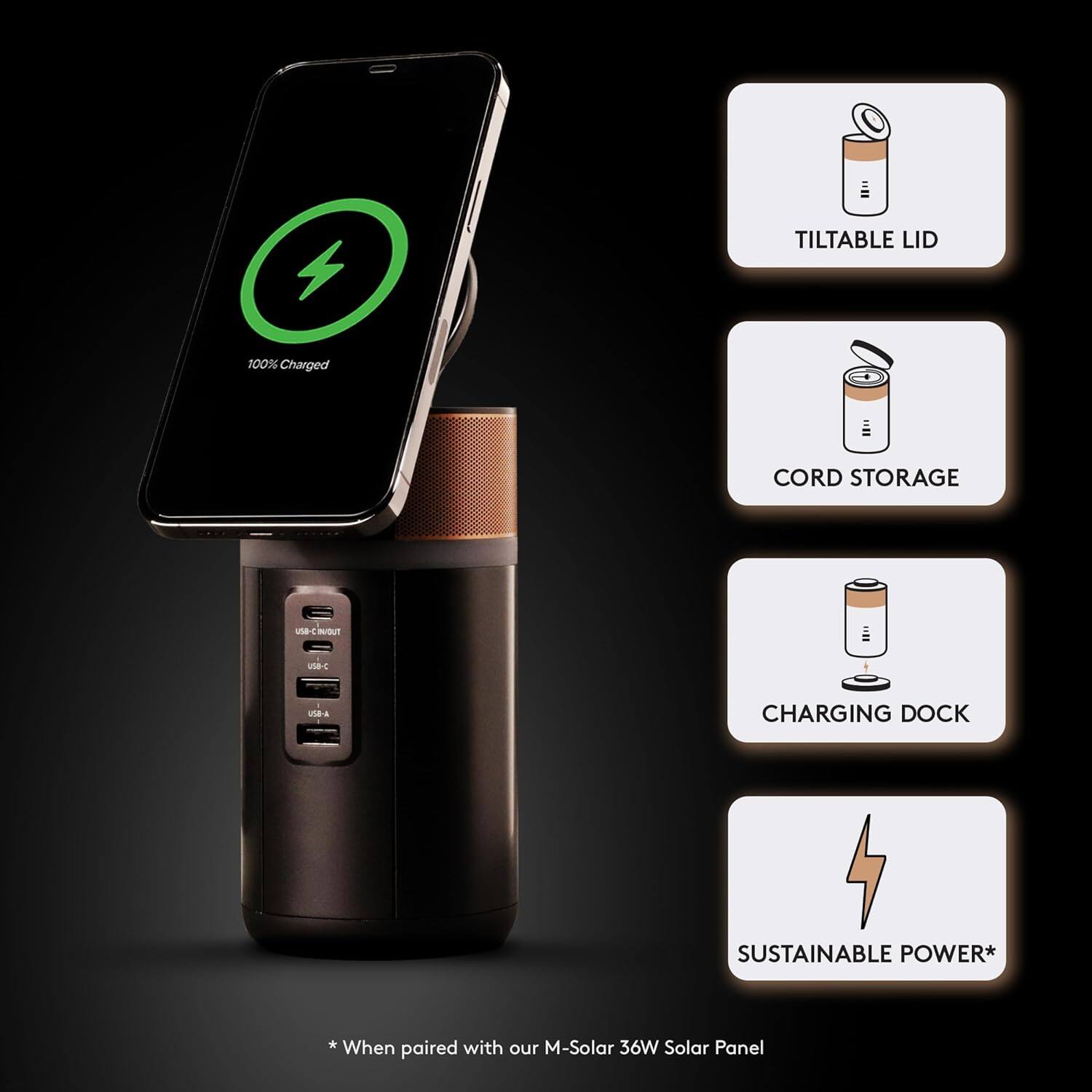 - TILTABLE LID
- CORD STORAGE
- CHARGING DOCK
- SUSTAINABLE POWER*

* When paired with our M-Solar 36W Solar Panel