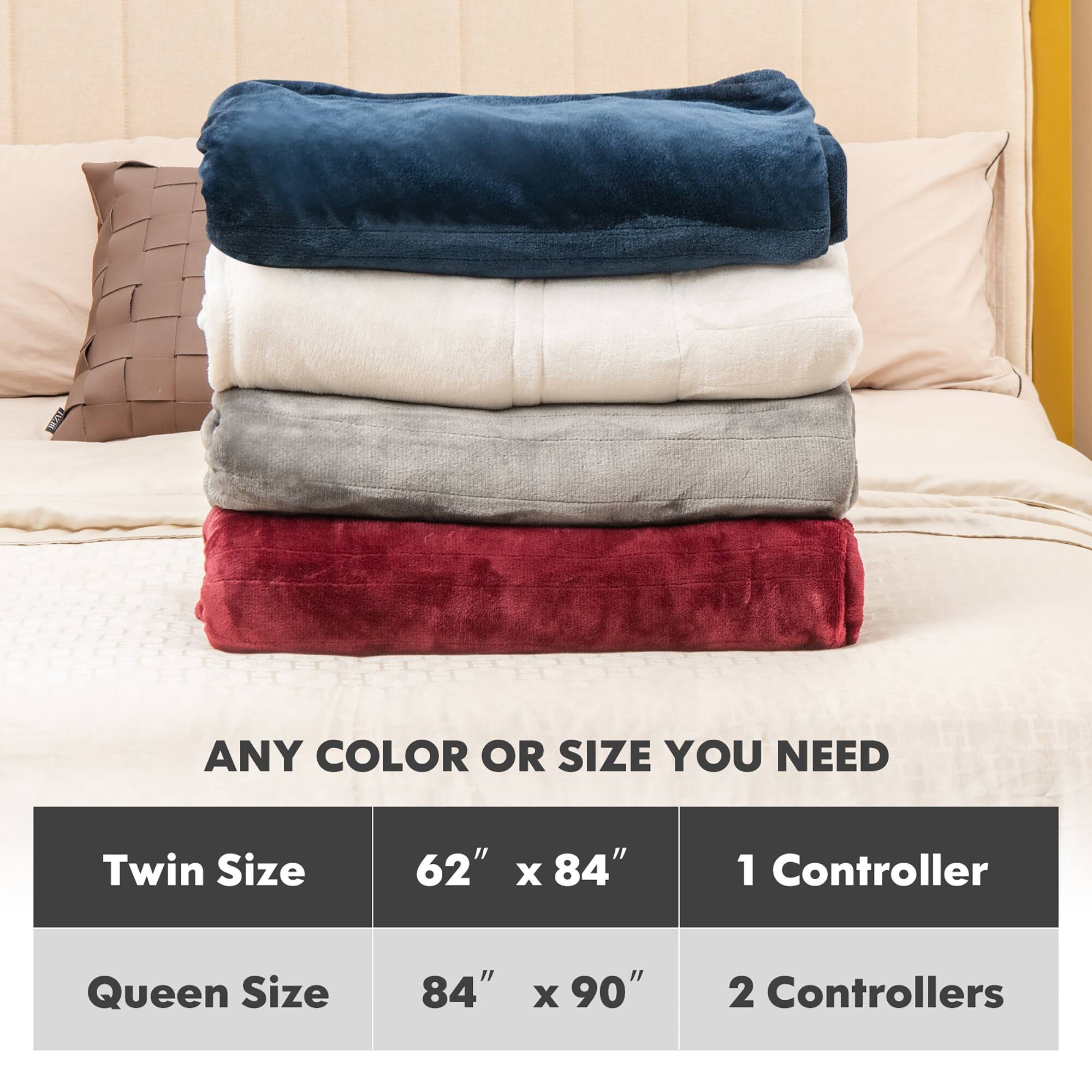 Any color or size you need. Twin Size: 62" x 84" - 1 Controller. Queen Size: 84" x 90" - 2 Controllers.