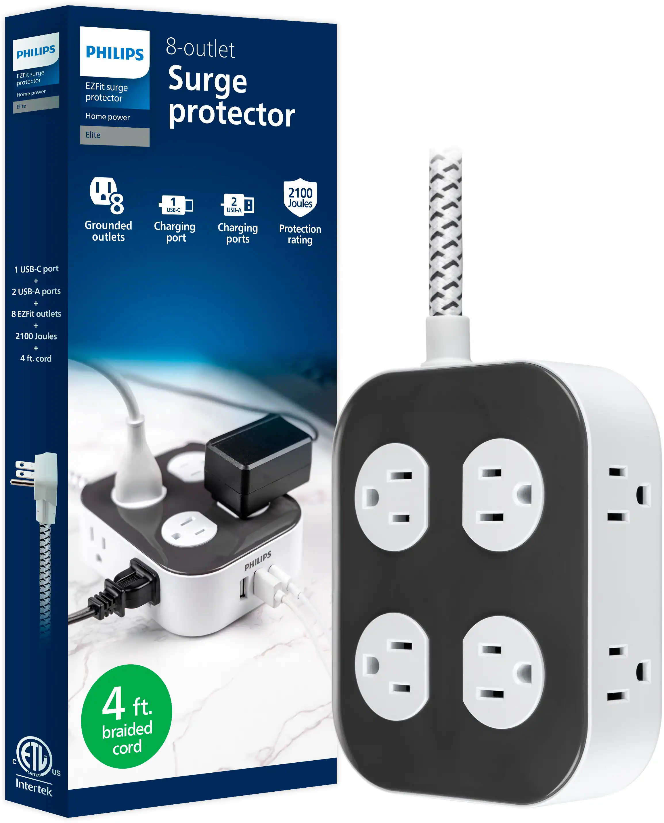 Philips - Surge Protector, 8 Grounded Outlets, 2 USB-A, 1 USB-C, 2100J, Braided Cord, 4ft - Dark Gray & Arctic White