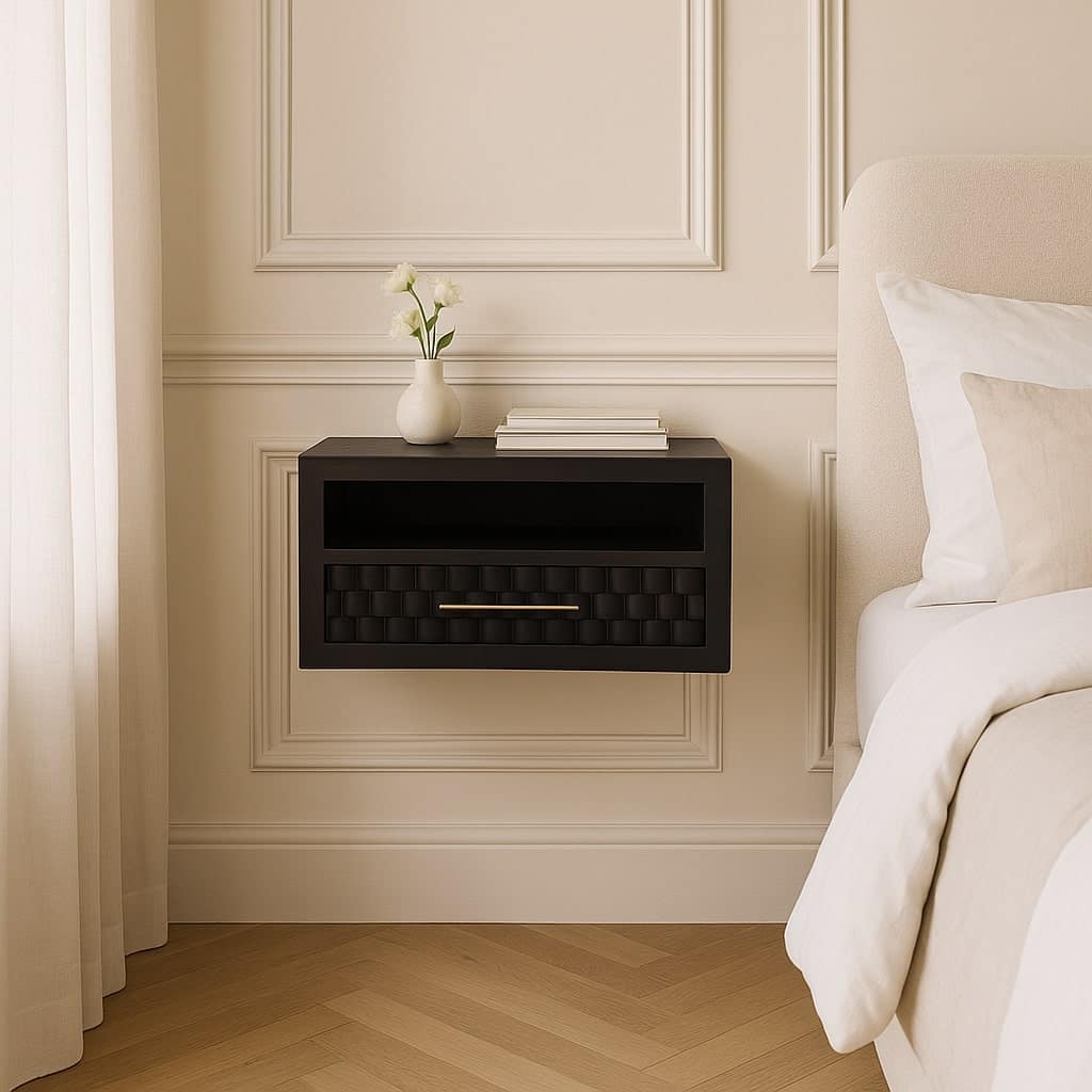 Tiramisubest - Solid Wood Wall-Mounted Nightstand with Shelf and Drawer - Black