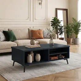 WELLFOR - Mid Century Modern Coffee Table with Storage Shelves Compartments, Cocktail Table Center Table for Living Room - Blue