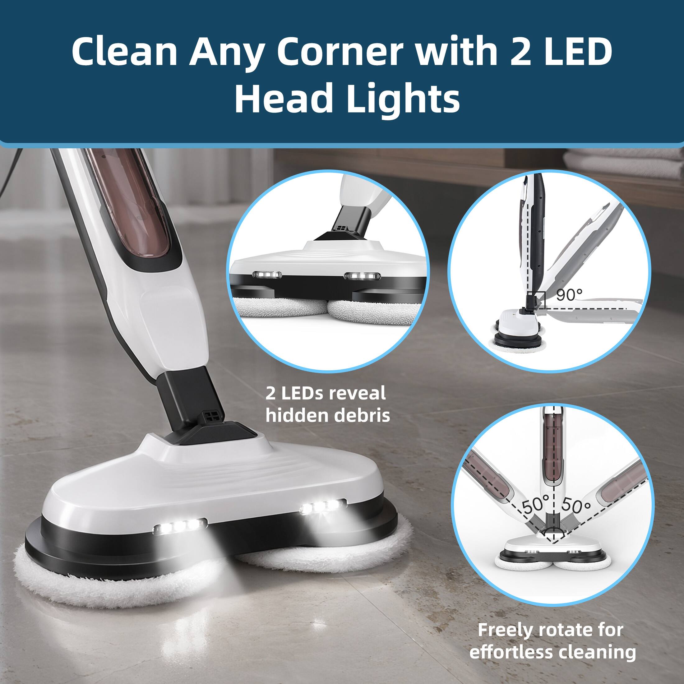 Clean Any Corner with 2 LED Head Lights

2 LEDs reveal hidden debris

Freely rotate for effortless cleaning