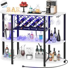 Aheaplus - 4-Tier Wine Bar Cabinet with Power Outlets, Floor Standing Wine Rack with LED Lights and Glass Holder - White