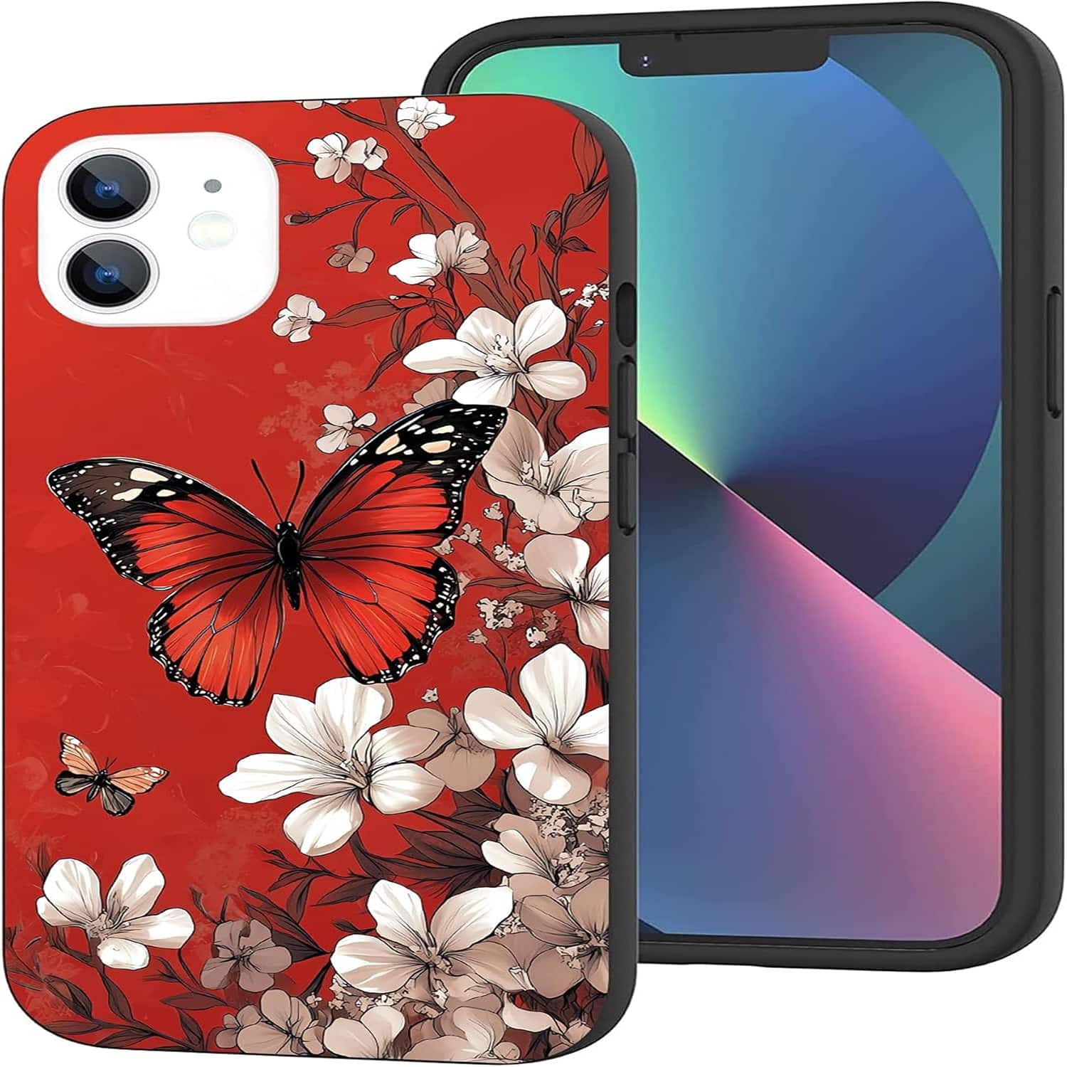 Compatible for iPhone 11 Case, Watercolor Red Butterflies and Flowers Design - Multicolor