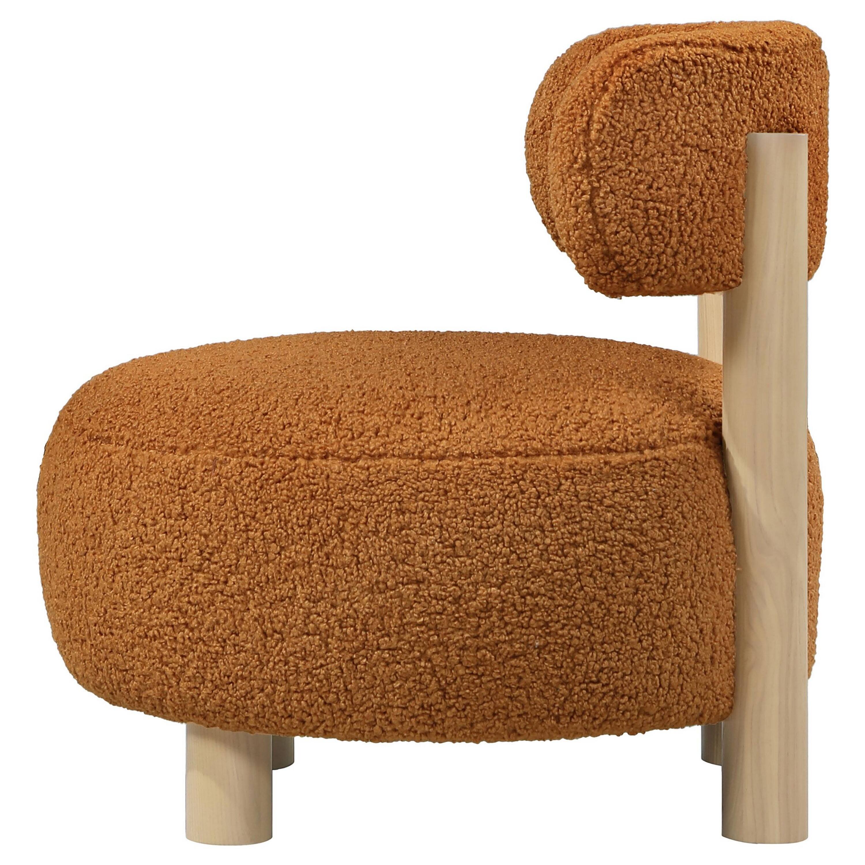 Alt View 3. Manhattan Lane - Zona Accent Chair, Barrel Back, Orange Boucle Fabric and Brown Wood - Orange, Brown.