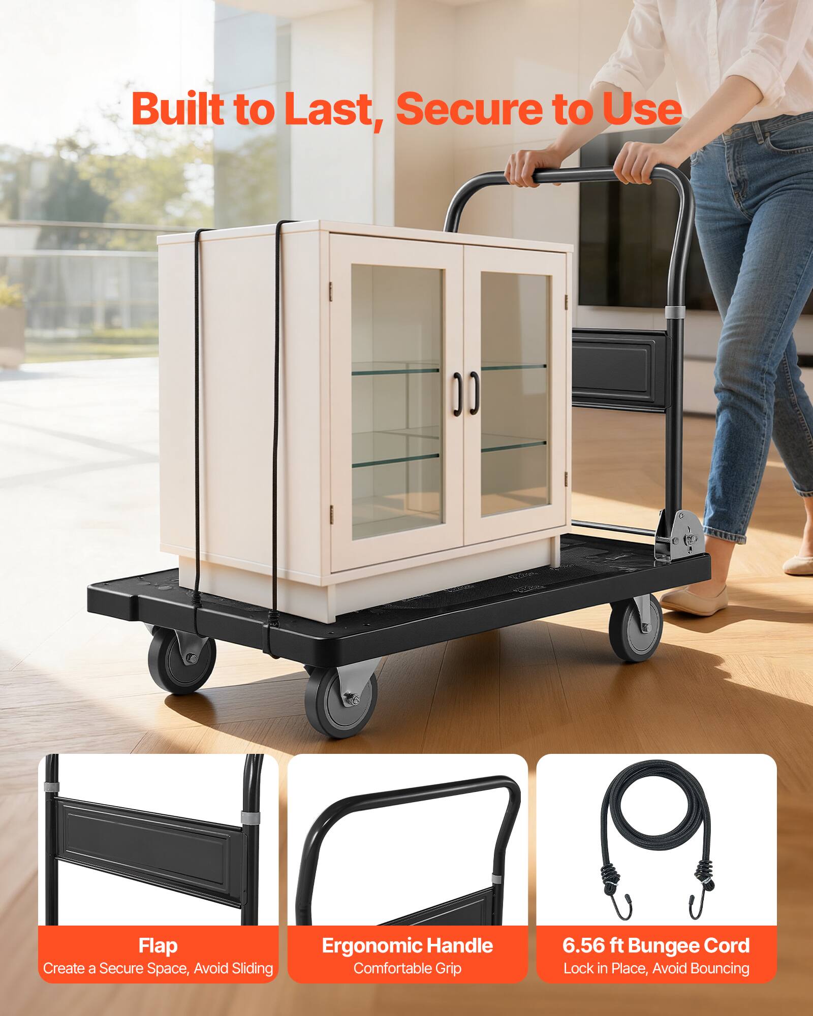 Built to Last, Secure to Use

Flap: Create a Secure Space, Avoid Sliding

Ergonomic Handle: Comfortable Grip

6.56 ft Bungee Cord: Lock in Place, Avoid Bouncing