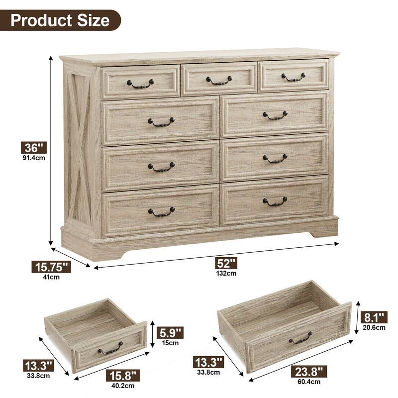Product Size

- Height: 36" (91.4cm)
- Width: 52" (132cm)
- Depth: 15.75" (41cm)

Drawer Dimensions:
- Top Drawer: 13.3" (33.8cm) x 15.8" (40.2cm) x 5.9" (15cm)
- Bottom Drawer: 13.3" (33.8cm) x 23.8" (60.4cm) x 8.1" (20.6cm)