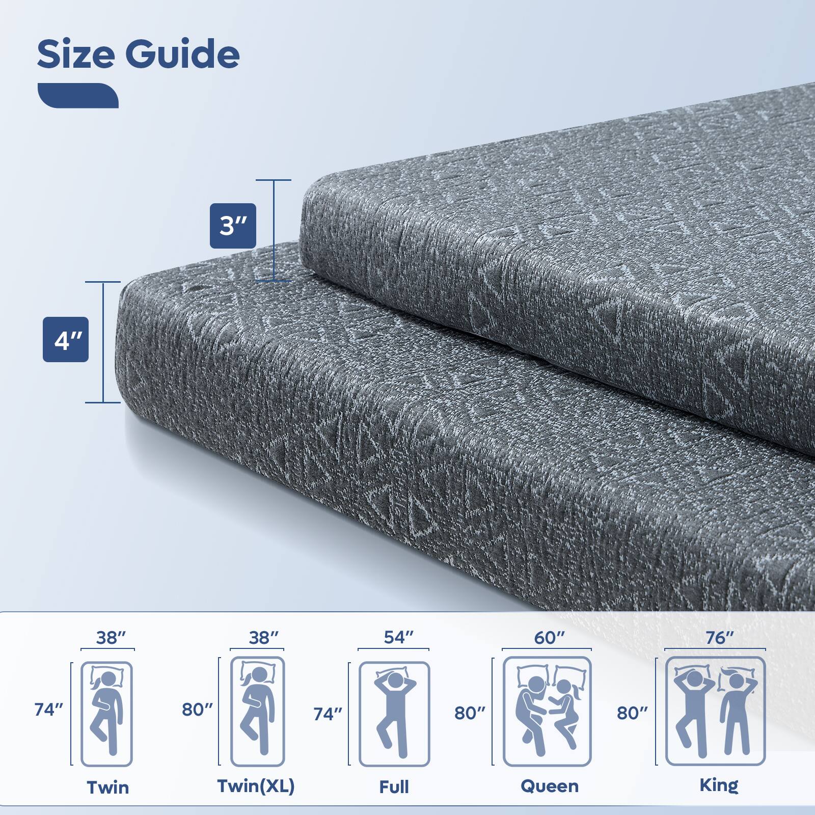 Size Guide

3" 4" 38" 38" 54" 60" 76" 74" 80" 74" 80" 80"

Twin Twin(XL) Full Queen King