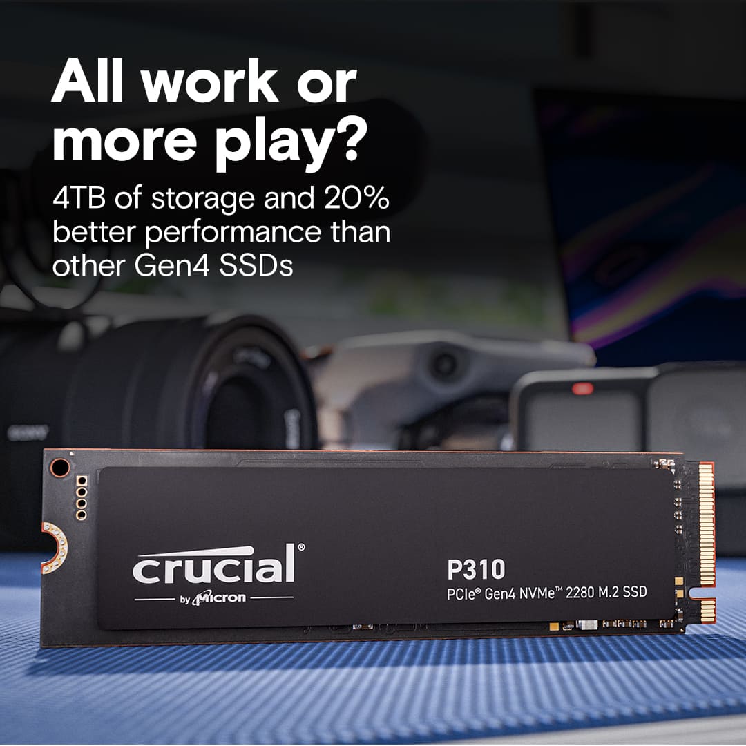 All work or more play? Crucial offers 4TB of storage and 20% better performance than other Gen4 SSDs.