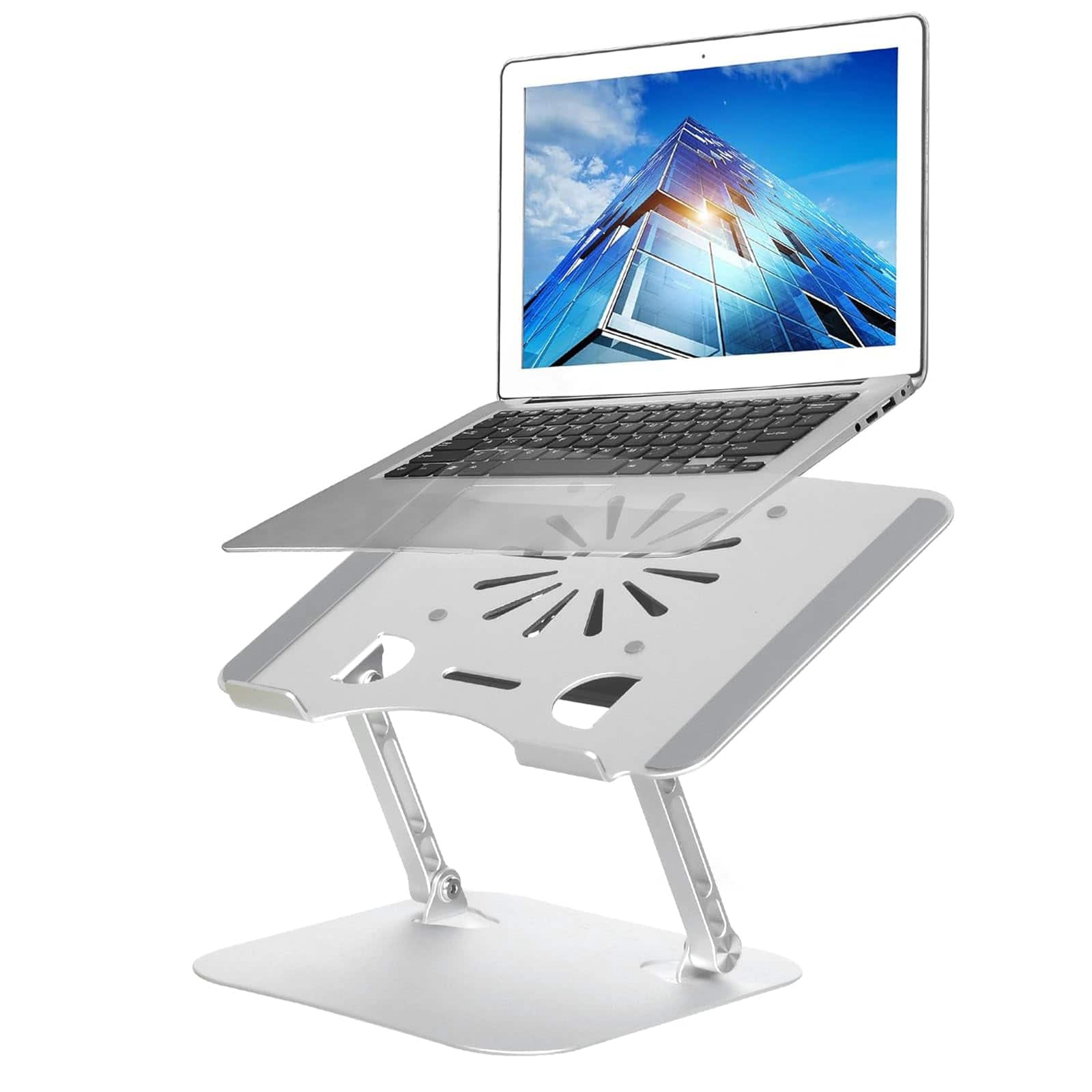 HongFei - Adjustable Laptop Stand with Cooling Fan, Aluminium Alloy Multi-Angle Computer Holder for Desk, Portable Notebook - Silver