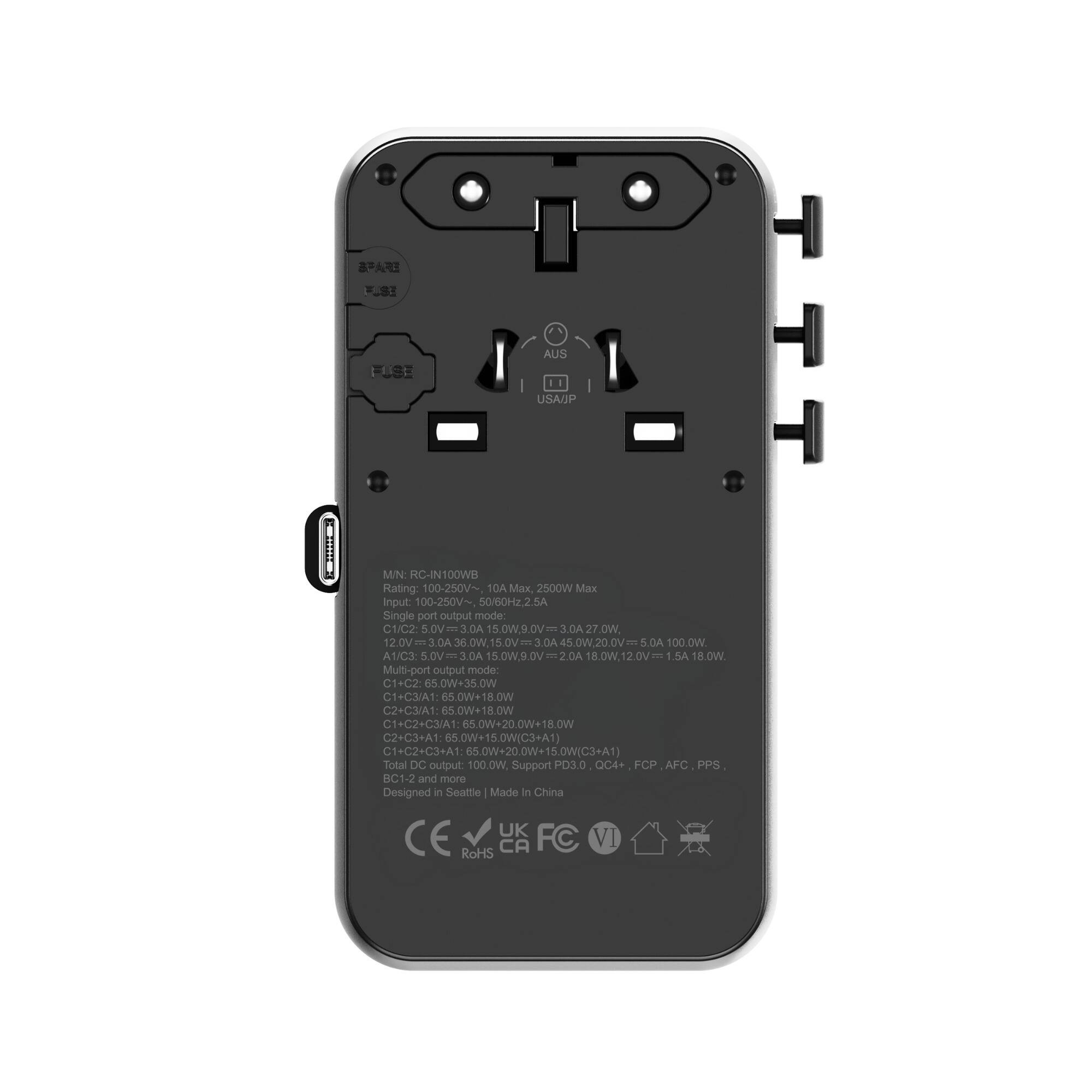 SPARE  
AUS  
USA/JP  
MIN: RC-IN100WB  
Rating: 100-250V~, 10A Max, 2500W Max  
Input: 100-250V~, 50/60Hz, 2.5A  
Single port output mode:  
C1/C2: 5.0V 3.0A 15.0W, 9.0V 3.0A 27.0W, 12.0V 3.0A 36.0W, 15.0V 3.0A 45.0W, 20.0V 5.0A 100.0W  
A1/C3: 5.0V 3.0A 15.0W, 9.0V 2.0A 18.0W, 12.0V 1.5A 18.0W  
Multi-port output mode:  
C1+C2: 65.0W+35.0W  
C1+C3