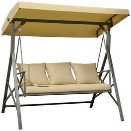 Outsunny - 3-Seat Patio Swing Chair, Porch Swing Glider with Cushion, 3 Throw Pillows & Adjustable Canopy for Porch - Khaki