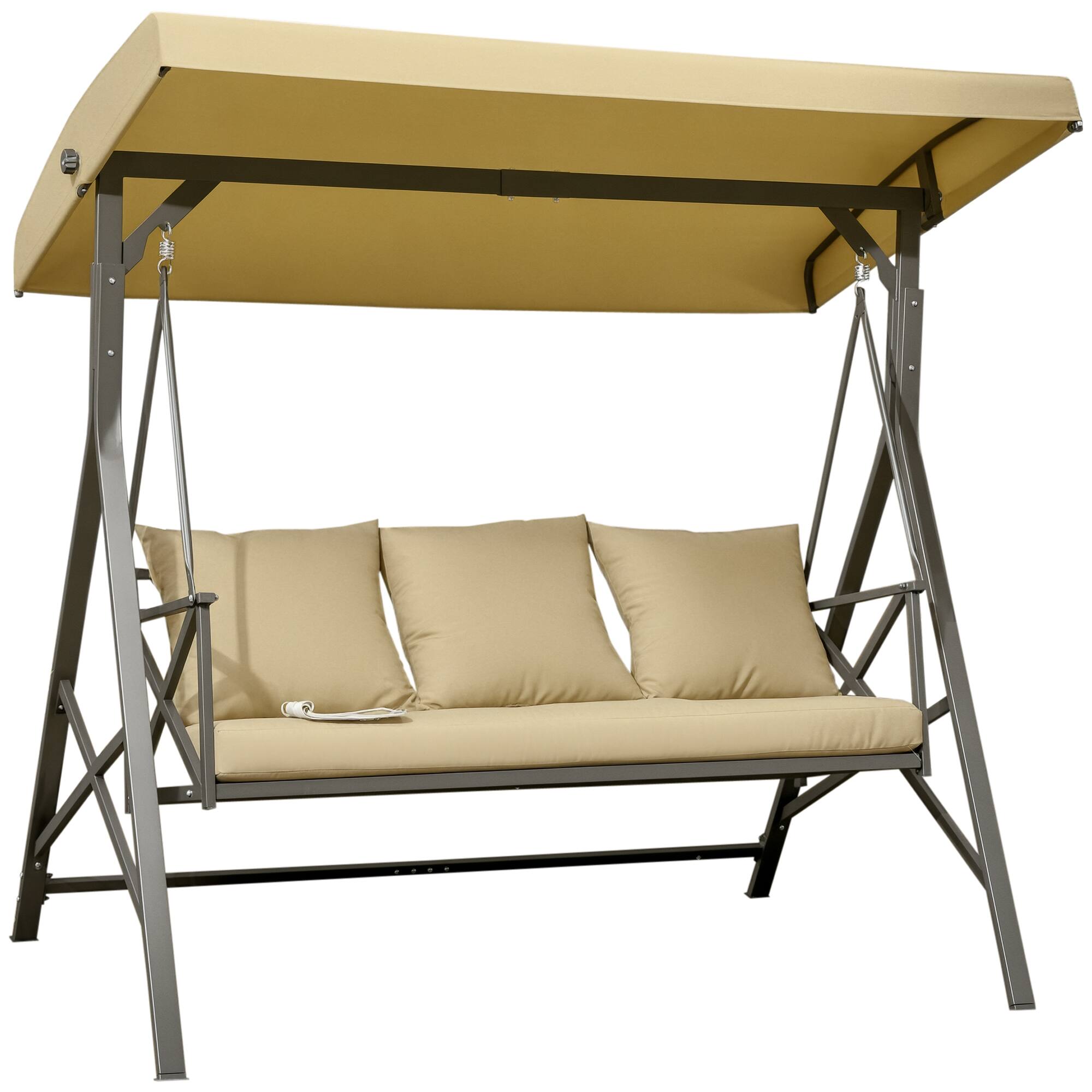 Front. Outsunny - 3-Seat Patio Swing Chair, Porch Swing Glider with Cushion, 3 Throw Pillows & Adjustable Canopy for Porch - Khaki.