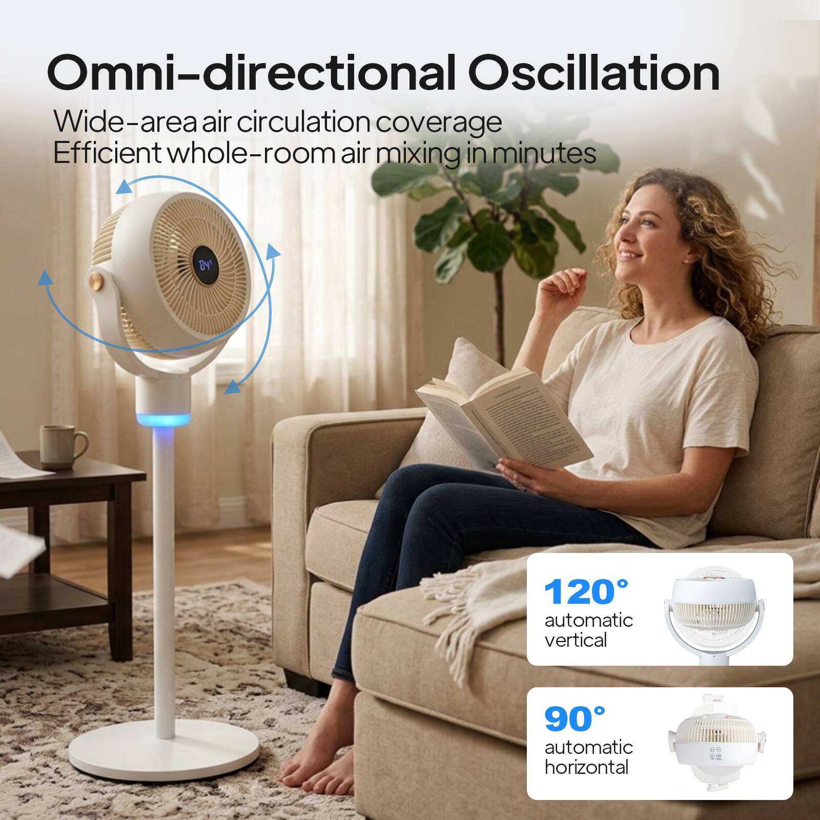 Omni-directional Oscillation  
Wide-area air circulation coverage  
Efficient whole-room air mixing in minutes  
24  
120° automatic vertical  
90° automatic horizontal