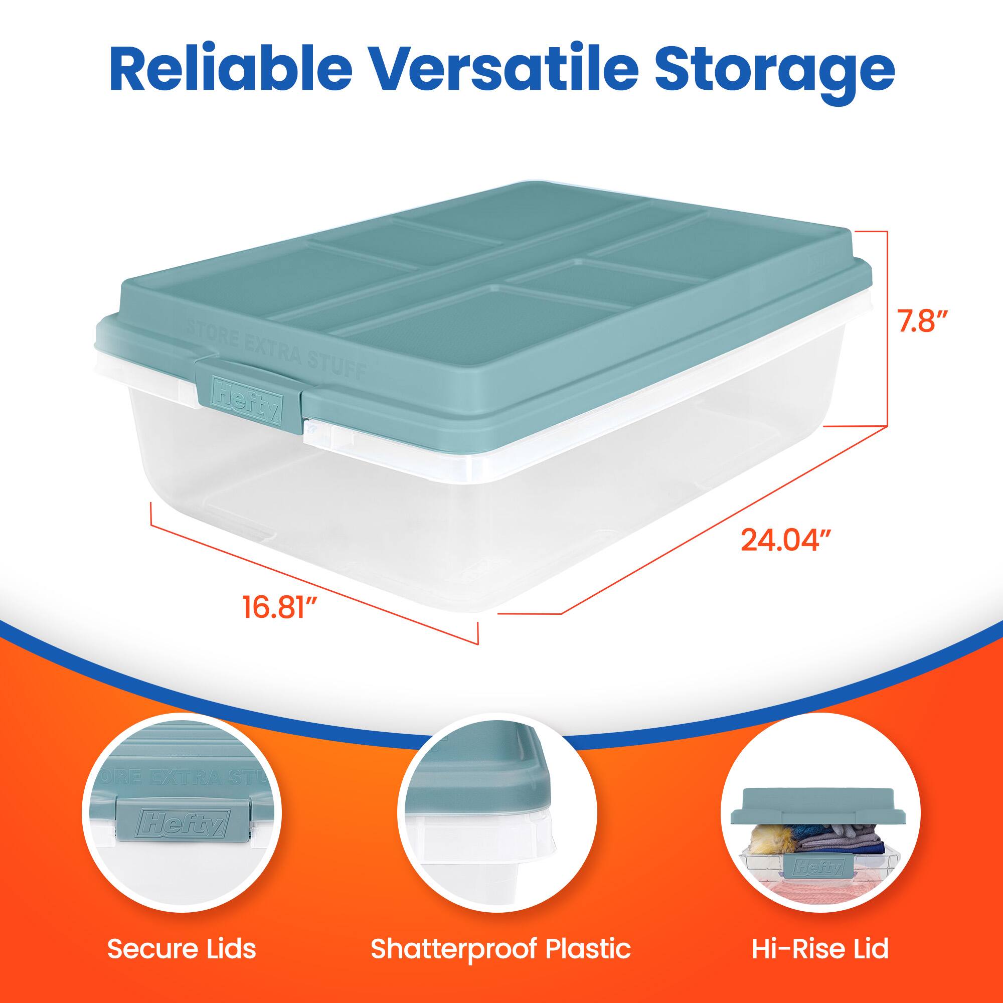Reliable Versatile Storage

STORE EXTRA STUFF

Hefty

Secure Lids

Shatterproof Plastic

Hi-Rise Lid

7.8" 24.04" 16.81"