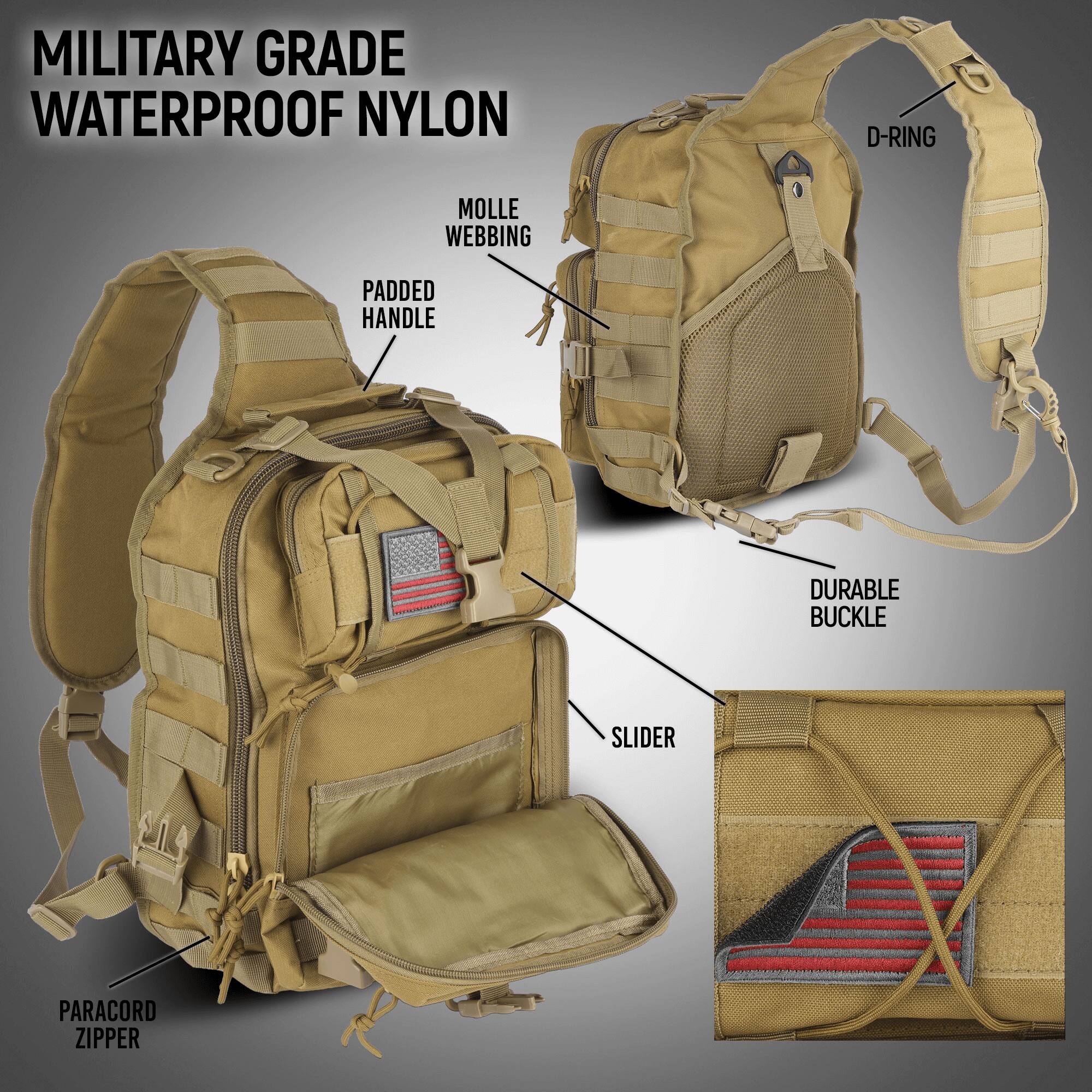 MILITARY GRADE WATERPROOF NYLON

- D-RING
- MOLLE WEBBING
- PADDLED HANDLE
- DURABLE BUCKLE
- SLIDER
- PARACORD ZIPPER