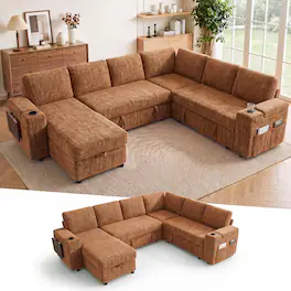 Dyonery - 110" Sleeper Sofa with Pull Out Bed, L-Shaped Couch with Reclining Backrest/USB Ports/Cup Holder/Side Table/Storage - Orange
