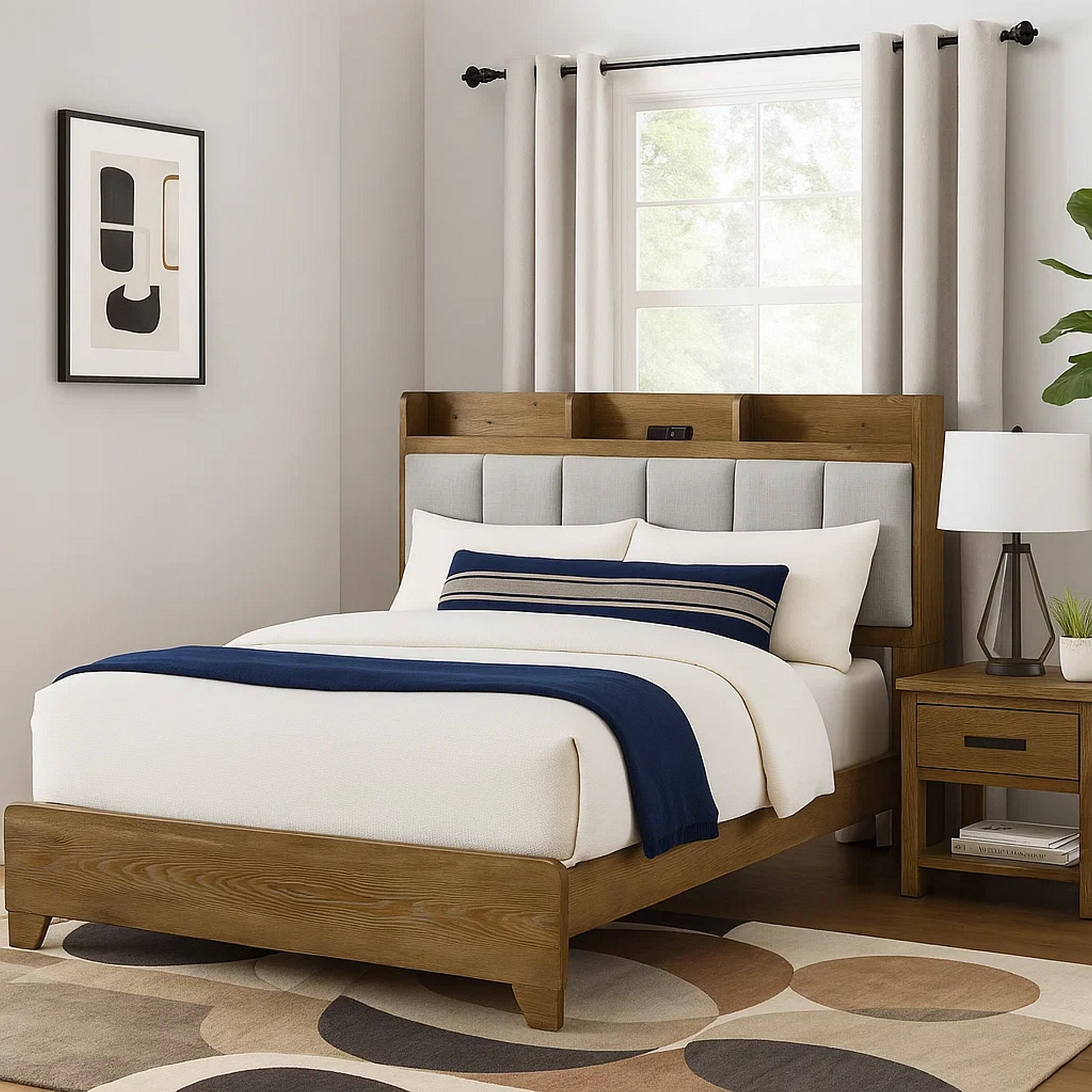 Alt View 6. Manhattan Lane - Gary Queen Size Bed with Tufted Headboard and USB Ports, Aspen Brown Wood - Light Aspen Brown, Gray.