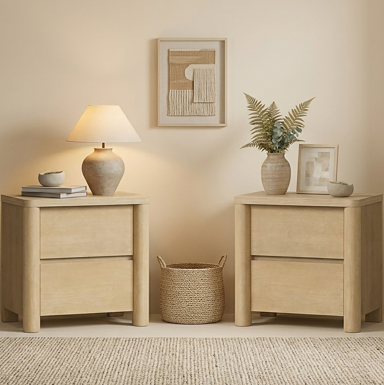 Alt View 5. ModernMate - Nightstand with 2 Drawers Curved Modern 25.6"W Nightstand End Table for Bedroom Living Room - Natural Oak.