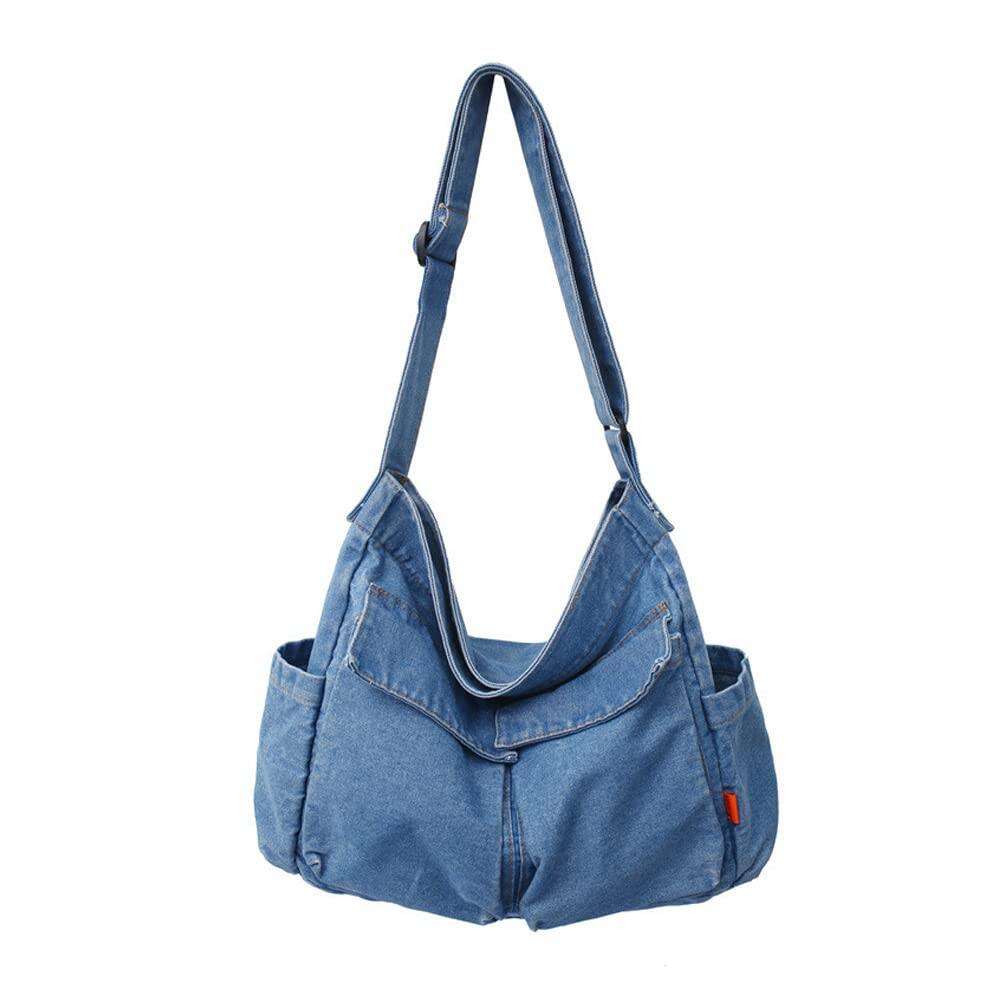 Front. DORLUKFU - Denim Shoulder Bag Casual Style Lightweight Retro Travel Shopper Crossbody Handbag for Women Jean Tote Purse - Light Blue.
