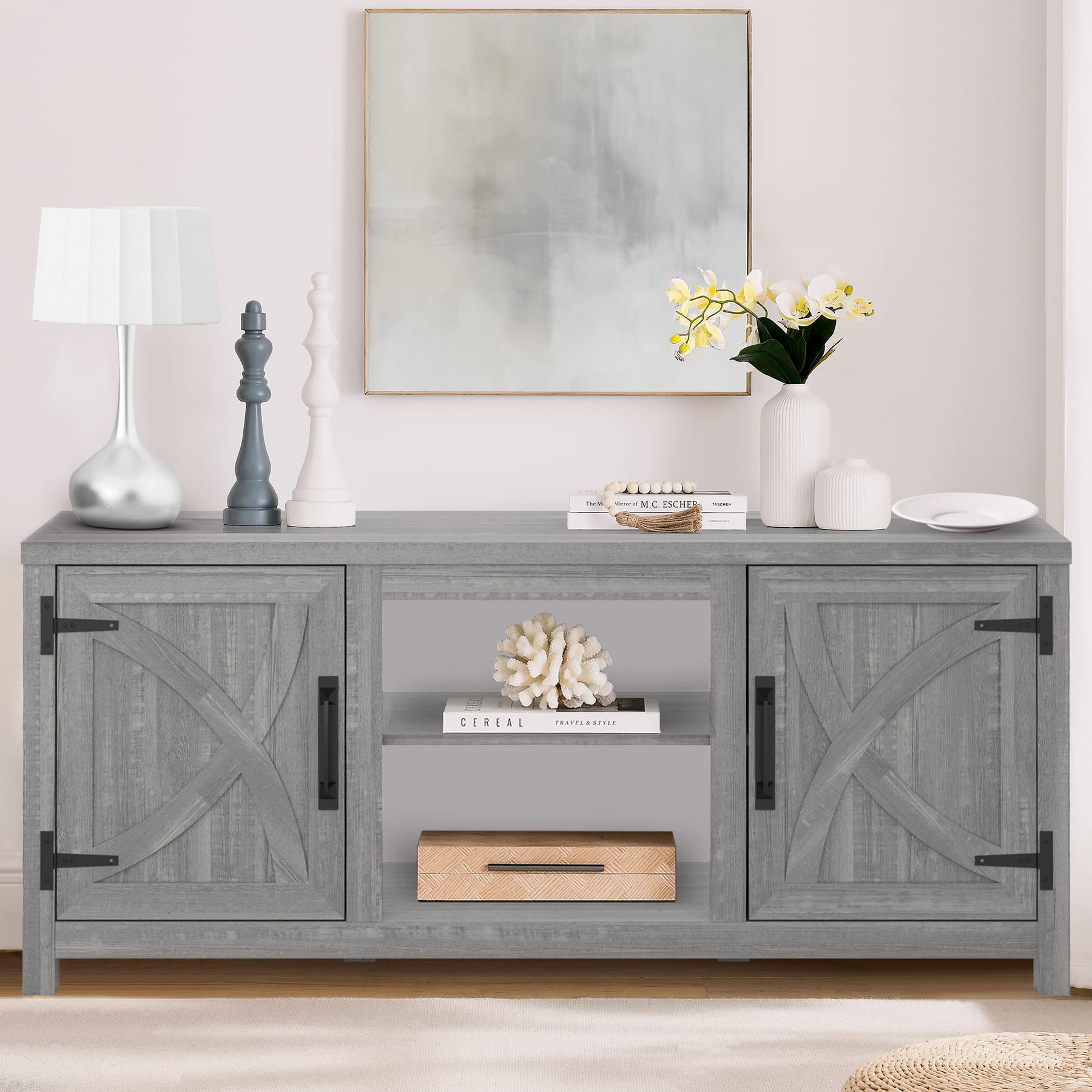 Ihomeadore - 58" Farmhouse TV Stand with Open Storage Shelves and Cabinets for TV up to 65" - Gray