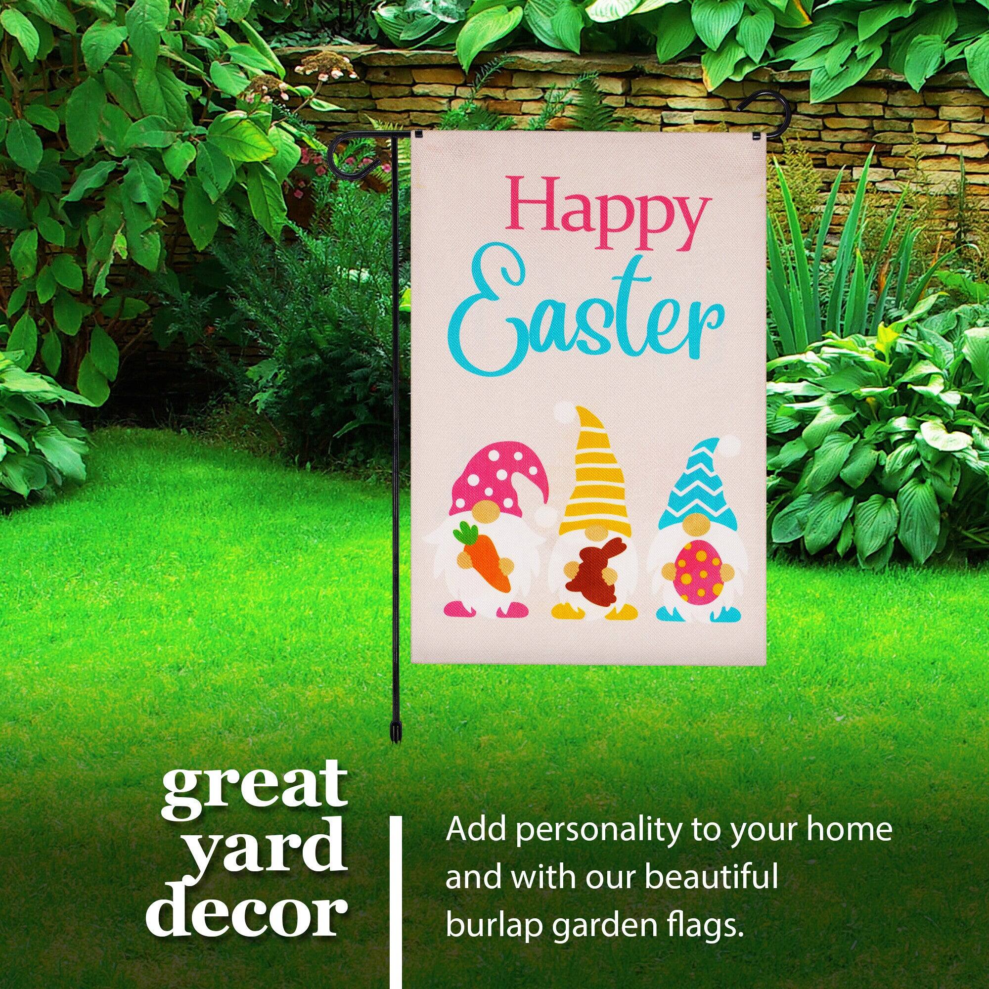 Happy Easter great yard decor. Add personality to your home and with our beautiful burlap garden flags.