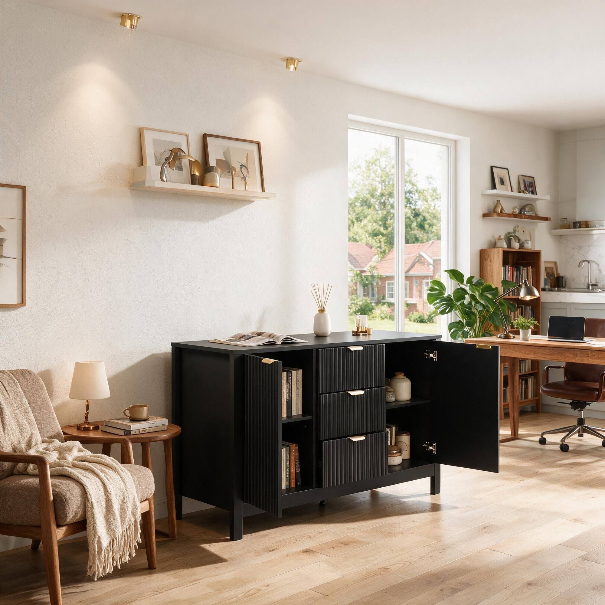 Left. RYHNUYNE - Freestanding Sideboard with 3 Adjustable Shelves, 3 Drawers and Soft-Close Doors, Storage Console Table - Black.