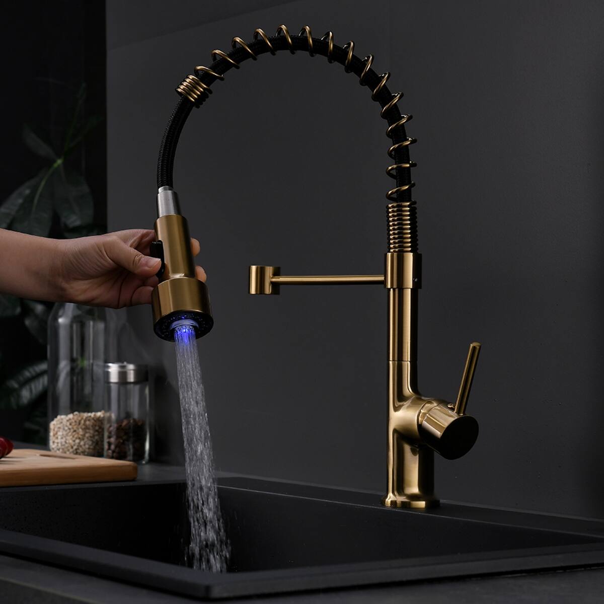Alt View 1. Ropilly - Ropilly LED Kitchen Faucet with Pull Down Sprayer, Single Handle Gold Brass Kitchen Sink Faucet - Gold.