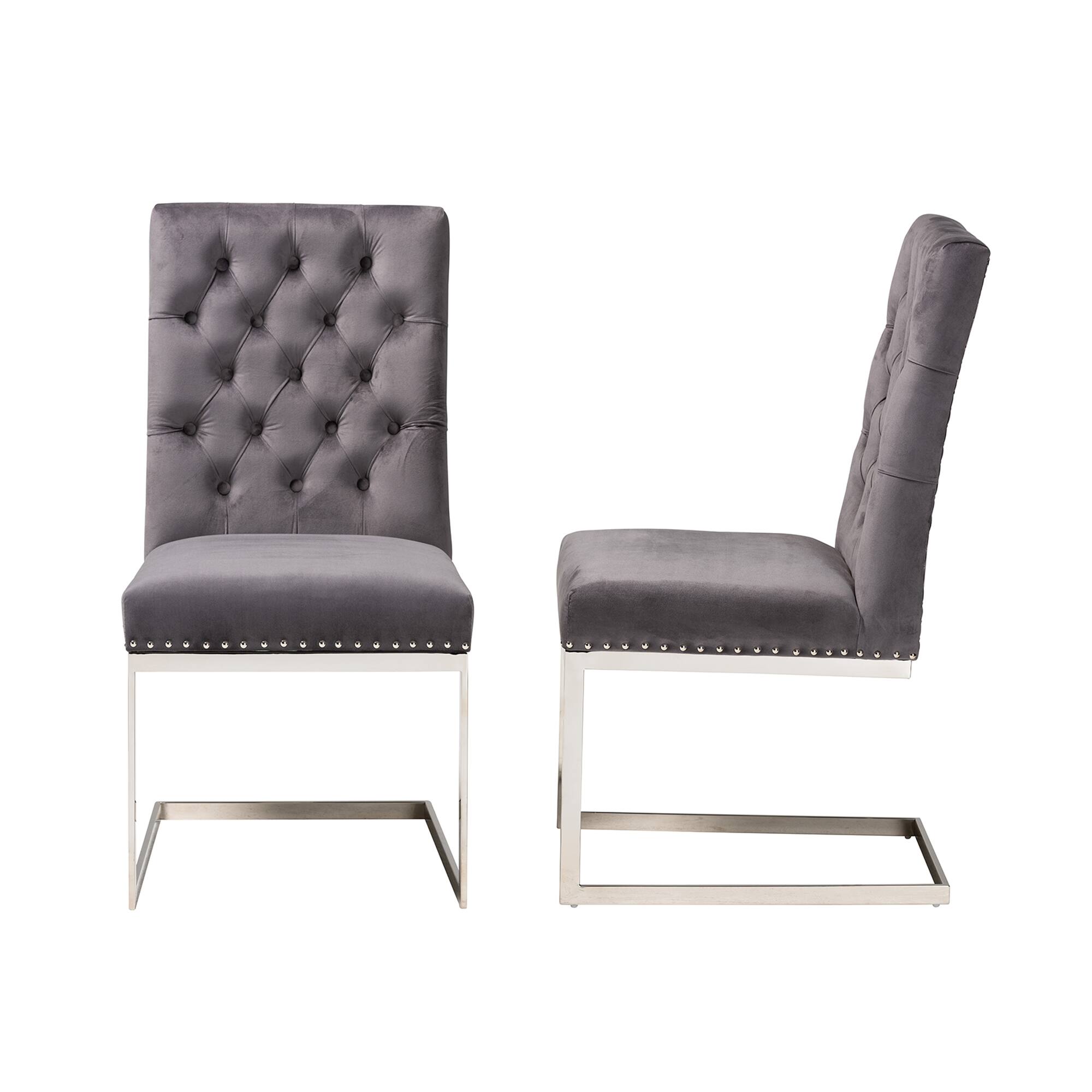 Left. Baxton Studio - Sherine Contemporary Glam and Luxe Velvet Fabric and Silver Metal 2-Piece Dining Chair Set - Grey/Silver.