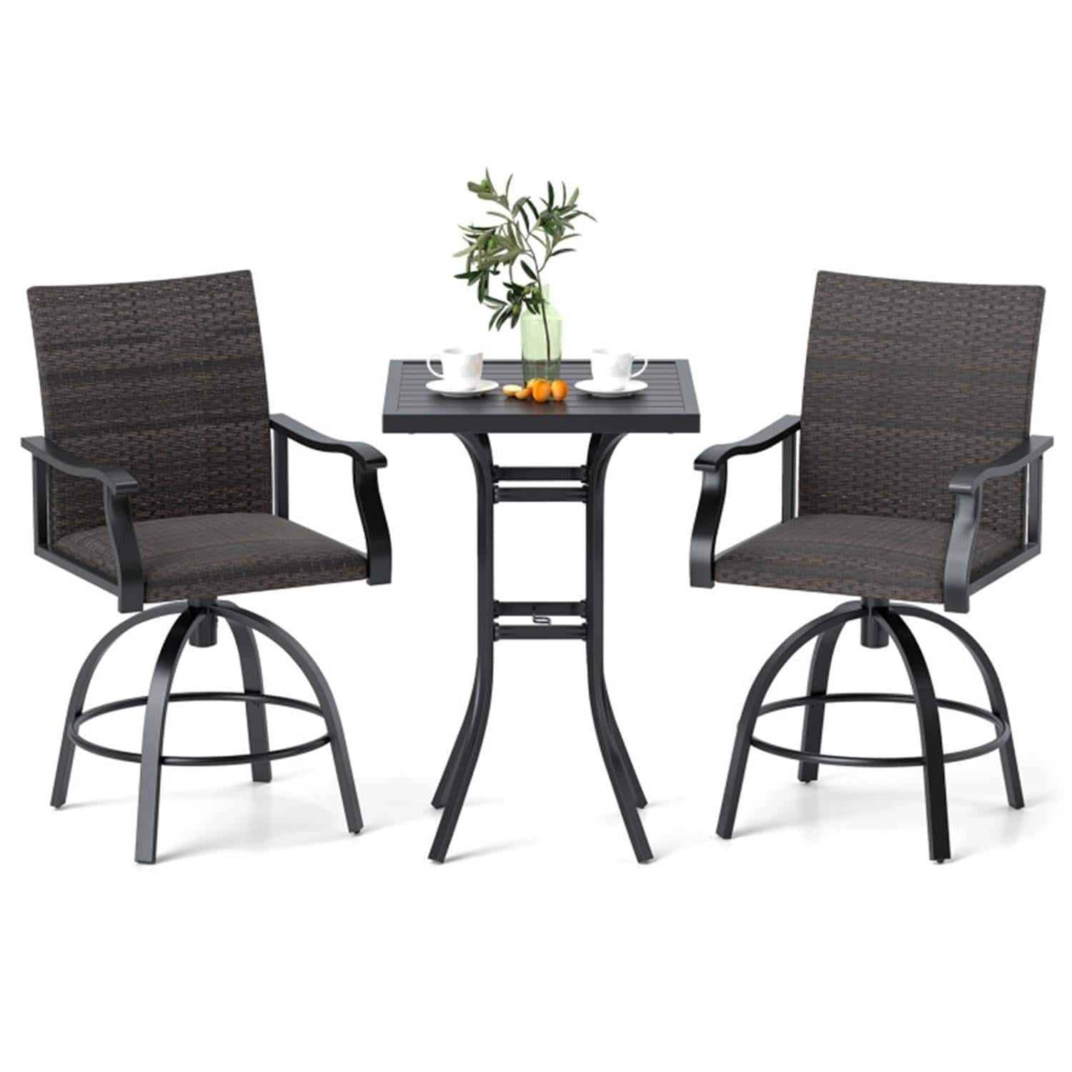 Pefilos - 3 Pieces PE Wicker Patio Swivel Bar Set with Quick-Drying Foam, Outdoor Bistro Sets Accent Furniture for Yard, Garden - Black