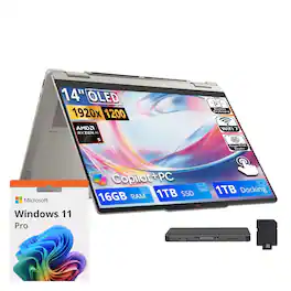 Lenovo - Upgraded - Yoga 7a 2-in-1 14" Touch Laptop,Ryzen AI 5 430,16GB RAM,1TB SSD+1TB Dock Set,Backlit,Fingerprint,Win 11 Pro - Seashell