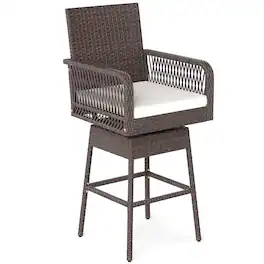 Costway - 1 PCS 29" Patio 360° Swivel Bar Stool with Cross-Woven Armrests Footrest & Seat Cushion - Off-White