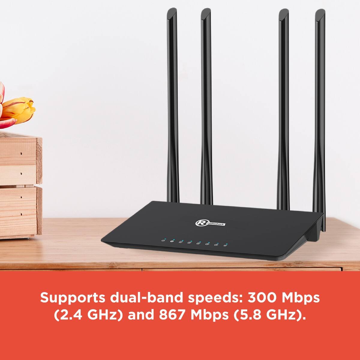 Supports dual-band speeds: 300 Mbps (2.4 GHz) and 867 Mbps (5.8 GHz).