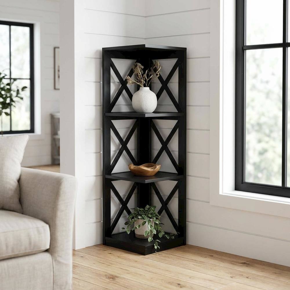 Alt View 1. FurniFact - Corner Bookcase in Finish with 3 Shelves for Compact Storage - Black.