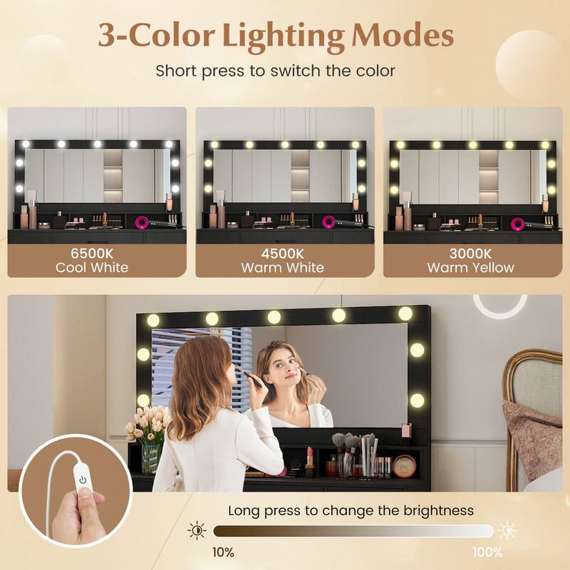 3-Color Lighting Modes  
Short press to switch the color  
6500K Cool White  
4500K Warm White  
3000K Warm Yellow  
Long press to change the brightness  
10%  
100%
