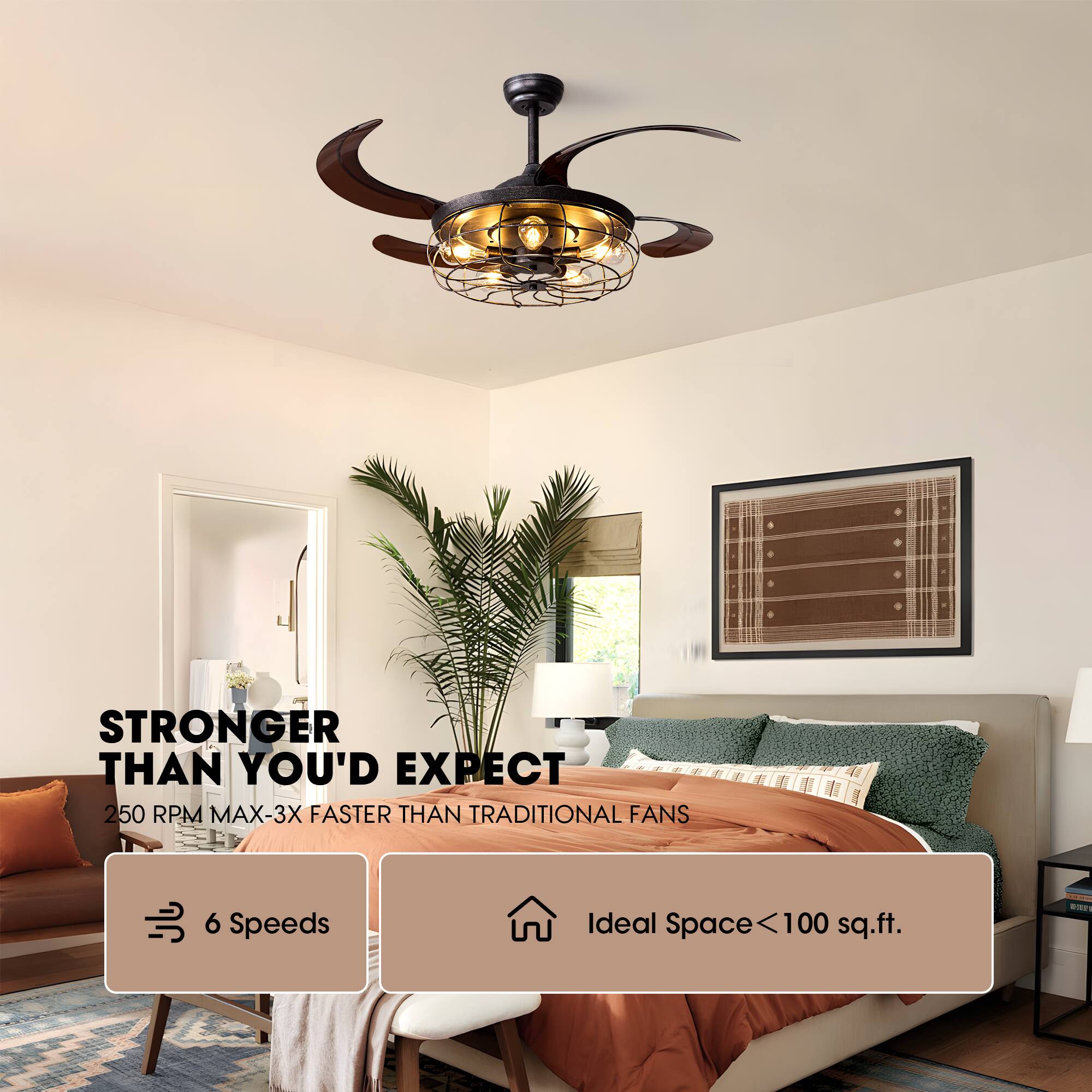 STRONGER THAN YOU'D EXPECT  
250 RPM MAX - 3X FASTER THAN TRADITIONAL FANS  
6 Speeds  
Ideal Space < 100 sq.ft.